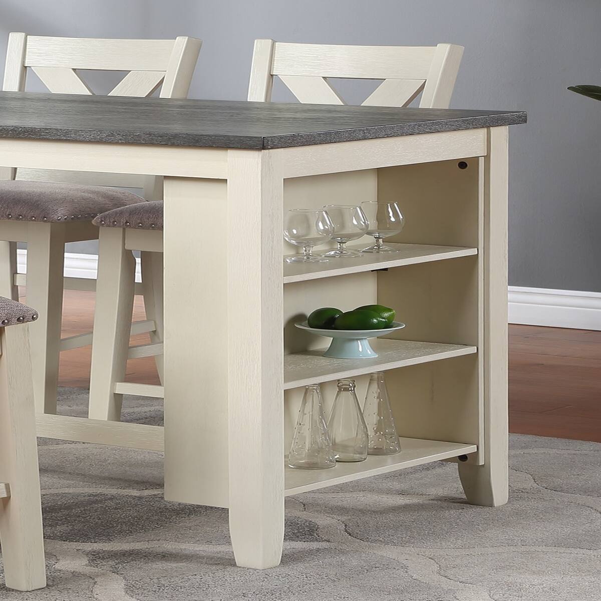 Left. Loheer - Loheer Counter Height Dining Table with Side Storage Shelves, Off-White Solid Wood, 60 Inches - Off-White.