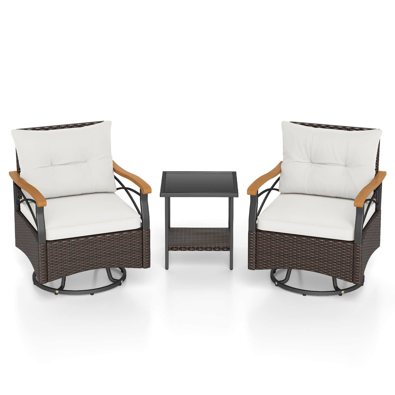 Alt View 9. Costway - Costway 3 PCS Outdoor Swivel Chair Set with 2-Tier Tempered Glass Side Table Cushions - Off White.
