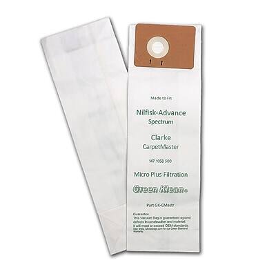 Made to Fit
Nilfisk-Advance Spectrum
Clarke CarpetMaster
147 1058 500
Micro Plus Filtration
Green Klean
Part GK-CMast
This vacuum bag is guaranteed against defects in material and workmanship. If you find a defect, return the bag for a replacement.