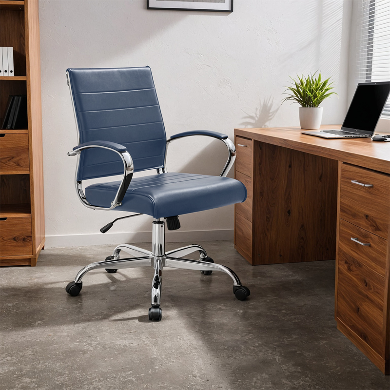 Angle. LeisureMod - Benmar Modern Leather Office Desk Chair with Ribbed Seat Design and Steel Frame Computer Chair - Navy Blue.