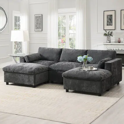 Front. Boyel Living - Cloud Sofa U-Shaped Sectional Sofa Armrest Pillows Dark Gray Chenille - Dark Gray.