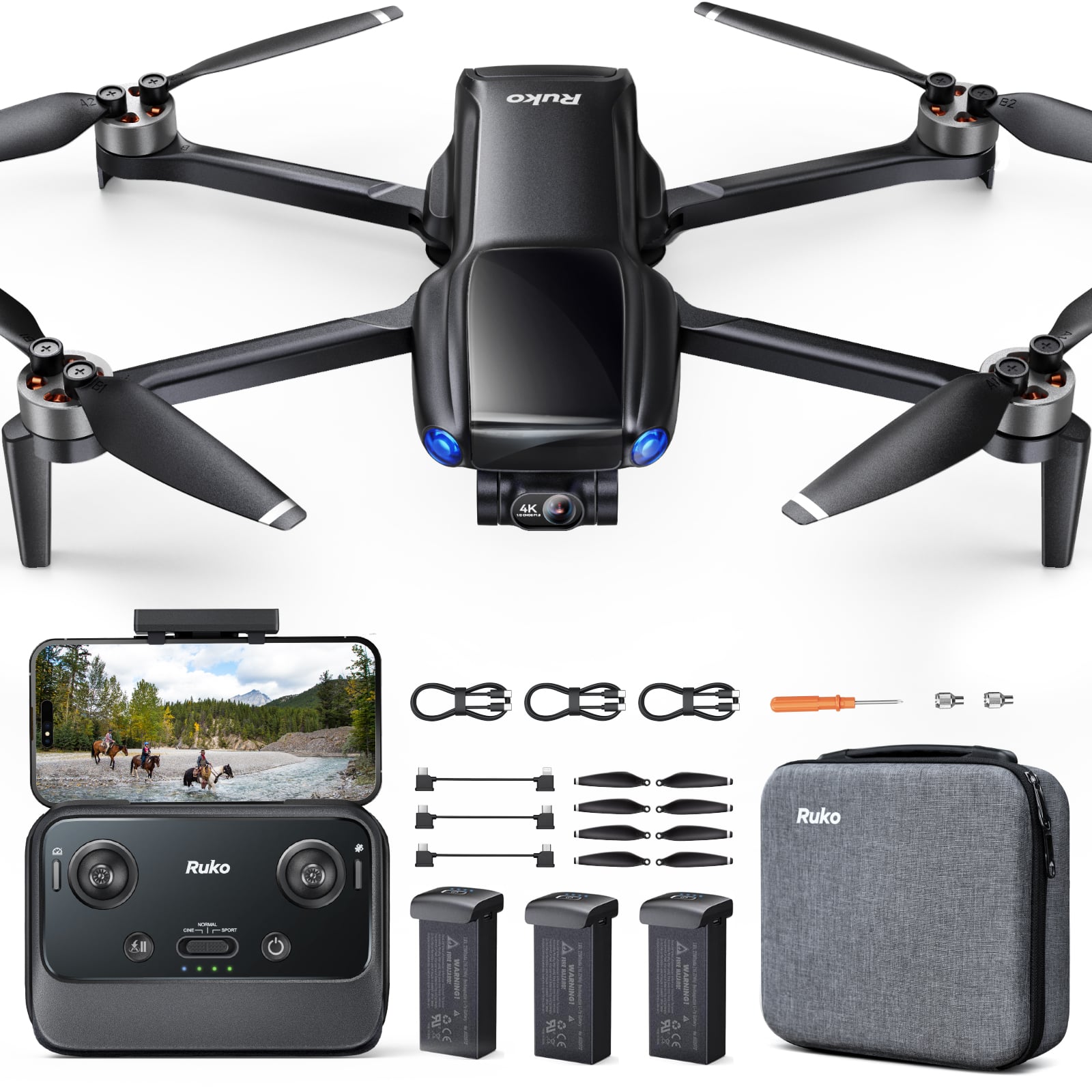 Ruko - U11MINI 4K, Drones with Camera for Adults 4K Video 8K Photo, Under 249g, GPS with Beeper, Beginner (96-Min Flight) - Black