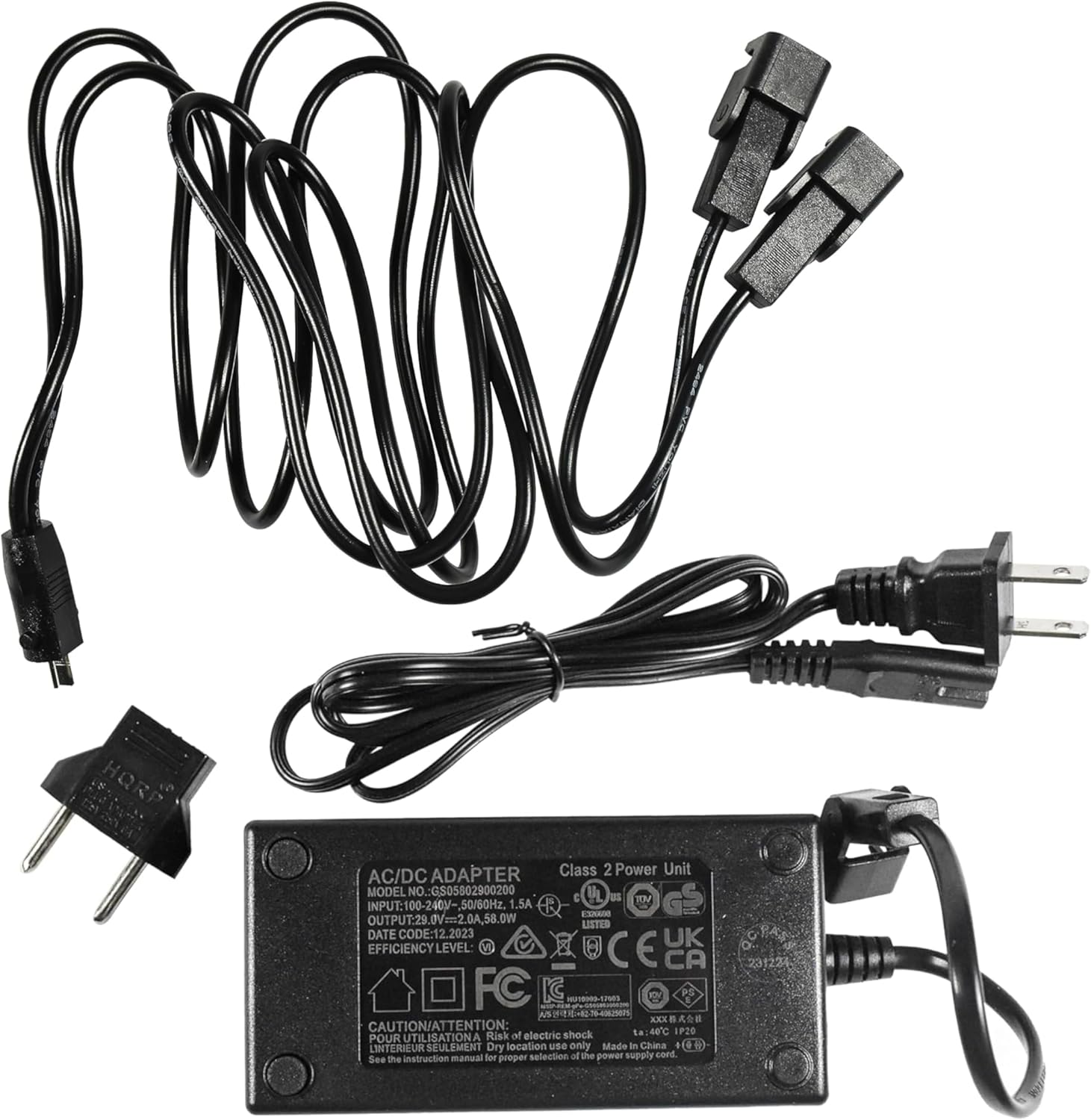 HORP ADAPTER Class 2 Power Unit AC/DC MODEL NO O_G505502900200 & UL aS T INPUT:100-240V, 50/60Hz .SA - OUTPUT:29.0V, 2.0A, 58.0W USTIS DATE CODE:12.2023 UK EFFICIENCY LEVEL: CE CA FC IC S-TOMS / XXX CAUTION/ATTENTION: ia :40C 1920 POUR UTILISATIONA Risk of electric shock LINTERIEUR ERIEUR SEULEMENT Dry Socation ude only Made in China CH instruction manual fer pea selection at the power supply cond See the 231226