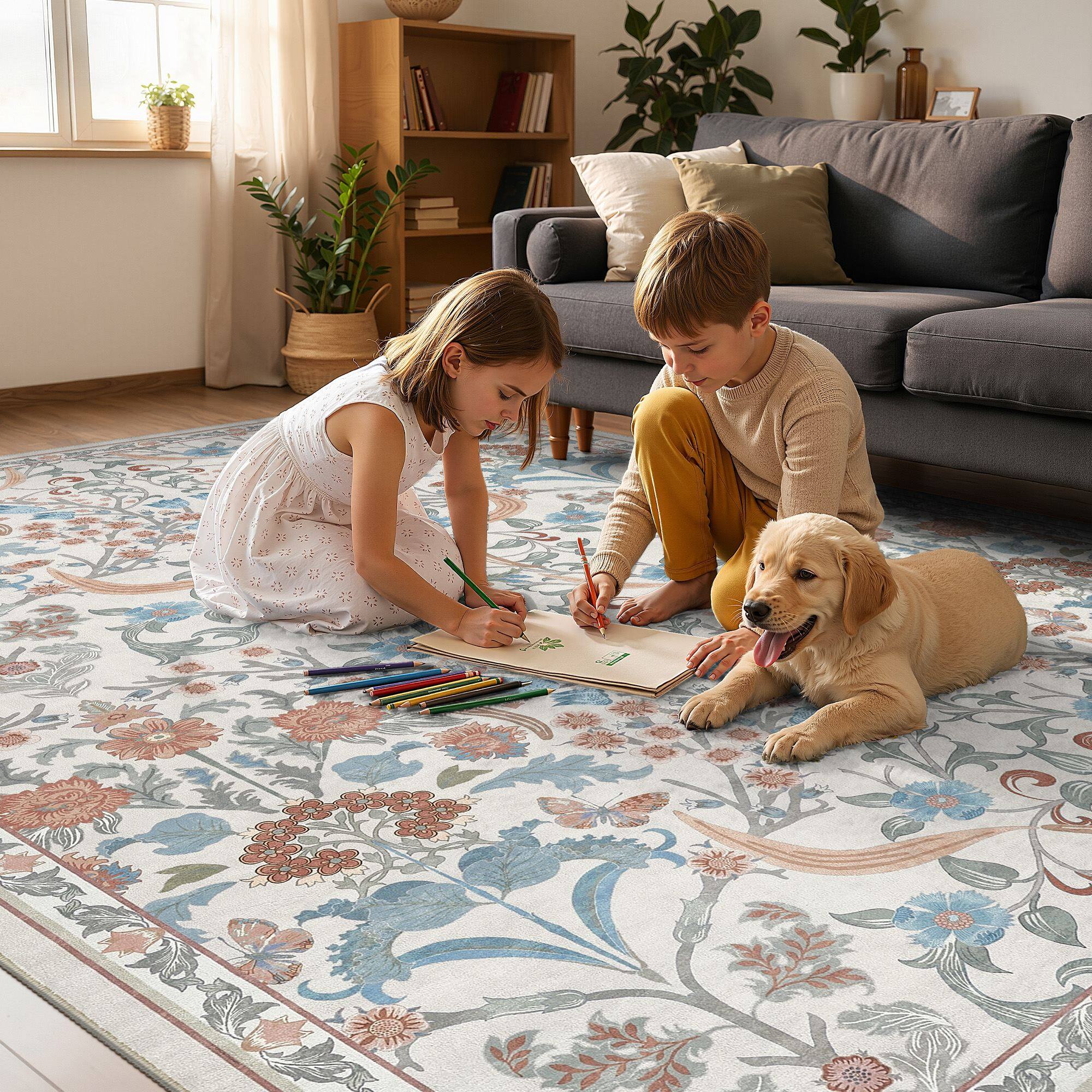 Back. Yardgrace - 8'x10' ft Floral Bohemian Area Rug, Vintage Washable Printed Boho Carpet for Living Room Bedroom - Beige.