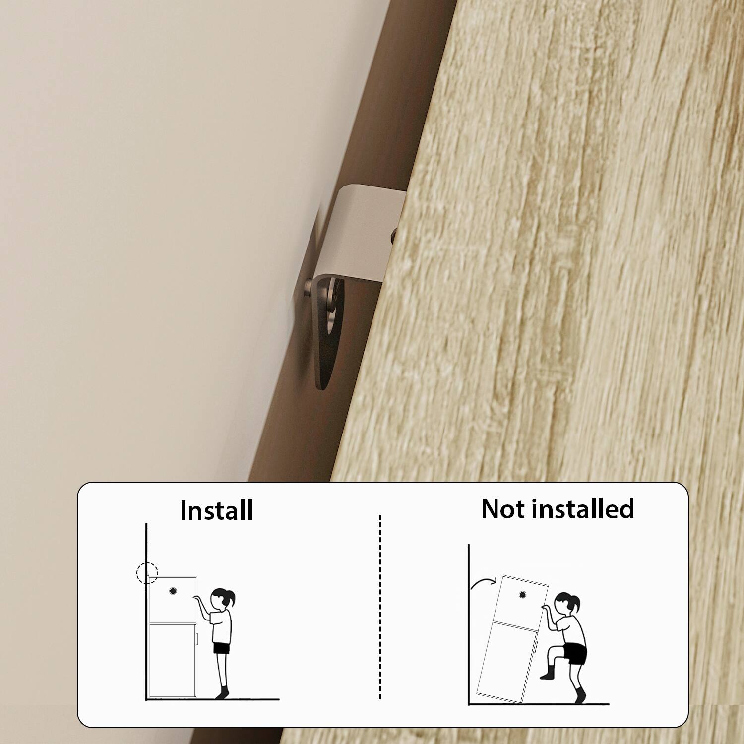 Install: The image shows a person hanging a refrigerator on a wall, indicating that it is being installed.

Not installed: The image shows a refrigerator sitting on the floor, suggesting that it is not yet installed.