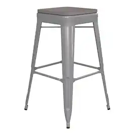 Emma + Oliver - Kam Backless Metal Indoor-Outdoor Stool with All-Weather Polystyrene Seat - Gray Seat/Silver Frame