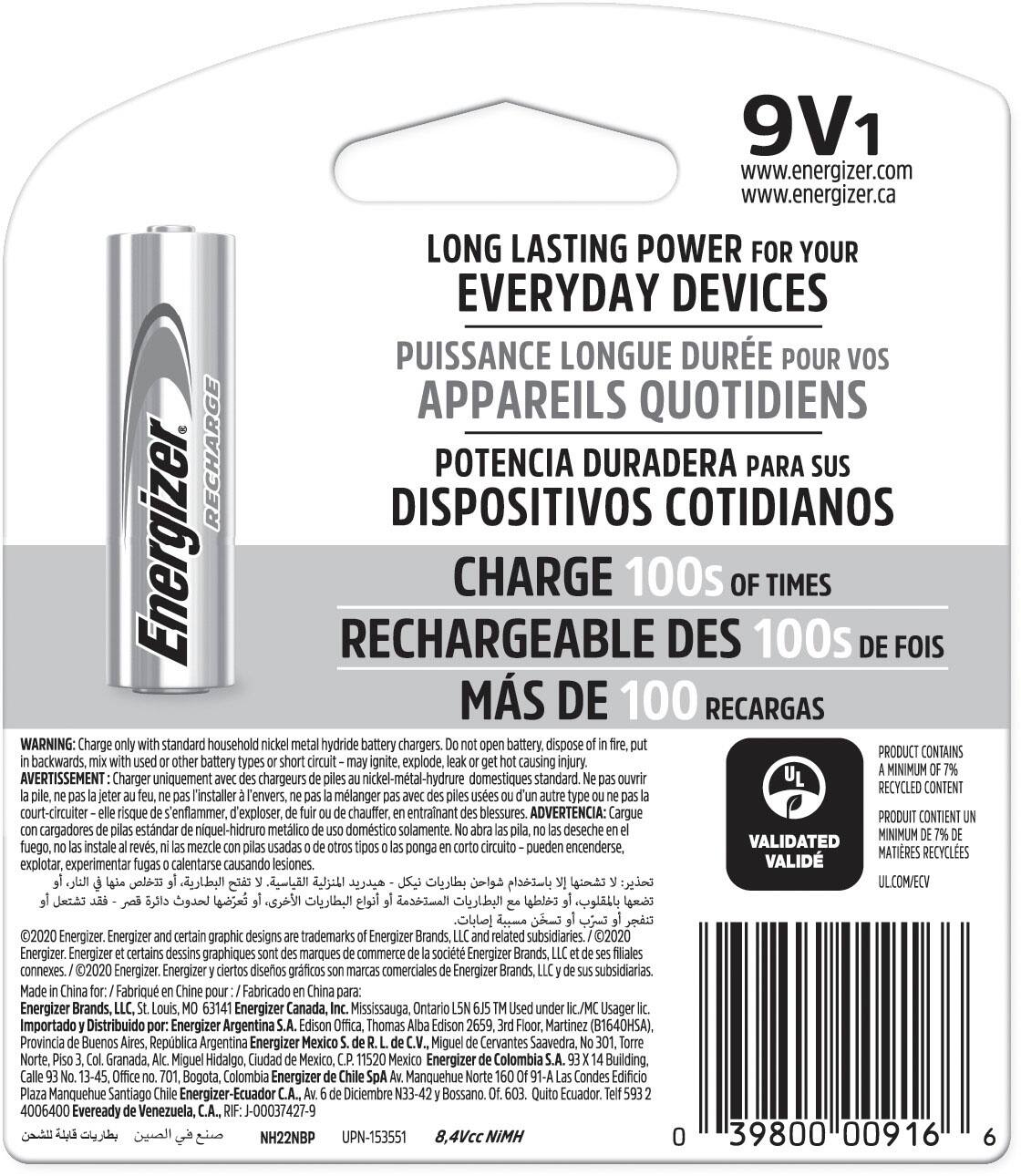 Alt View 1. Energizer - Energizer Recharge 9 Volt Battery (1 Pack), Rechargeable 9V Battery - Silver.