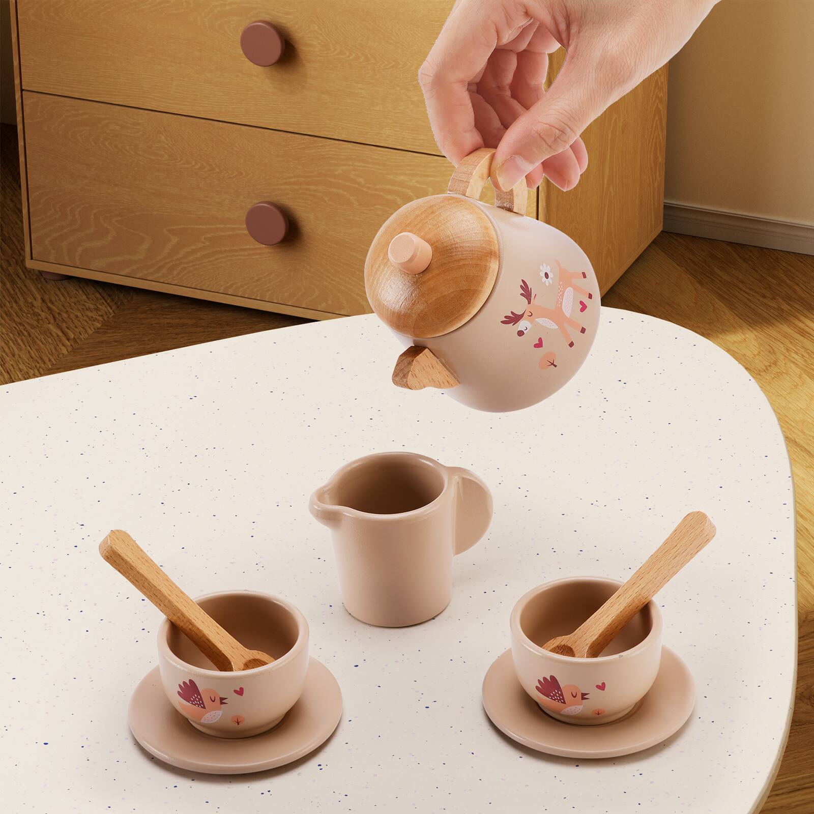 Left. Topteng - 13-Piece Wooden Tea Set for Kids - Kitchen Play Dishes with Teapot, Cups & Cake, Pretend Tea Party Toy for Toddler.