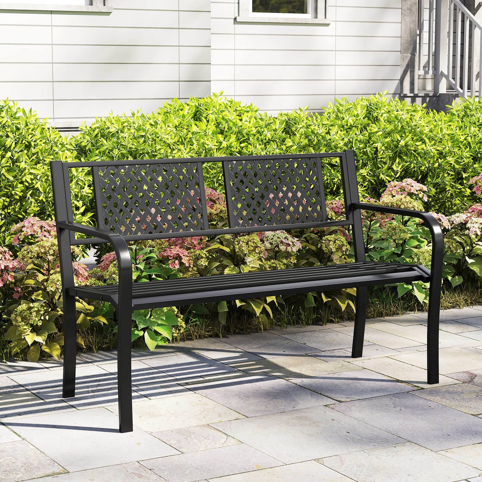Alt View 1. Costway - Costway Outdoor Bench 50 Inches Garden Bench with Patterned Backrest and Curved Armrests - Black.