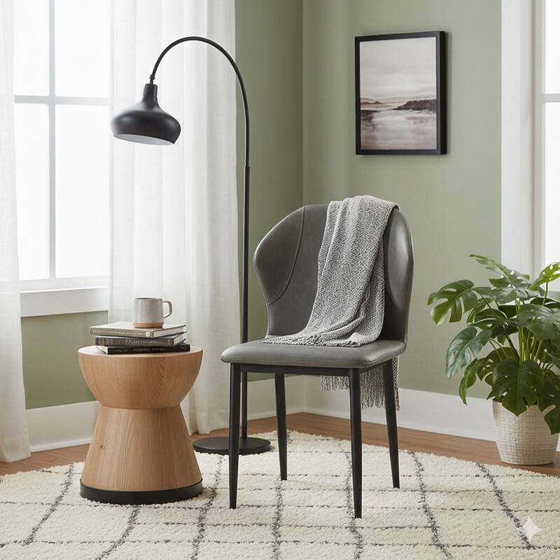Angle. LeisureMod - Mosaic Modern Fabric Upholstered Side Dining Chair with Accent Diamond Stitched Backrest and Metal Legs - Olive Green.
