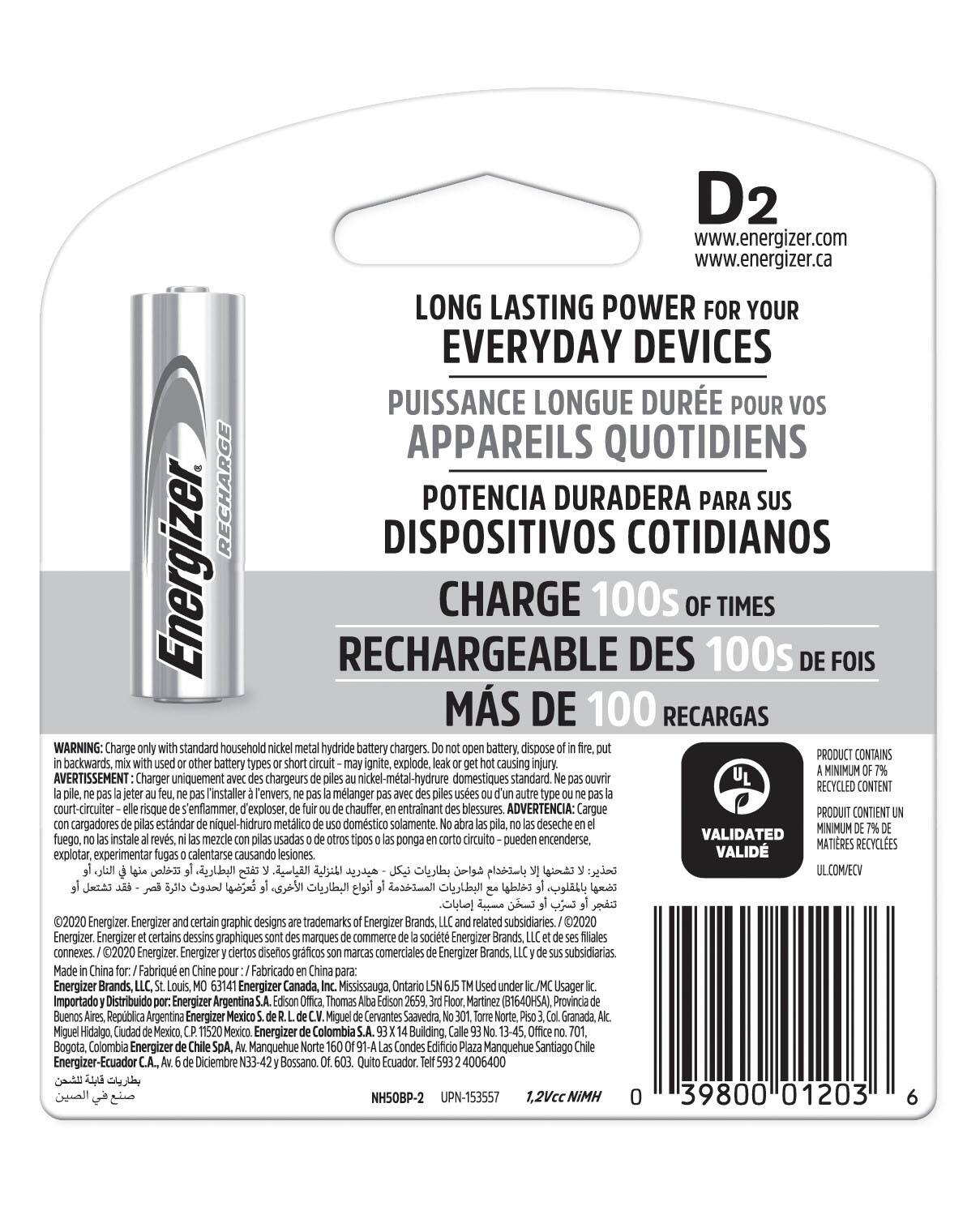Alt View 1. Energizer - Rechargeable D Batteries (2 Pack), D Cell Batteries - Silver.