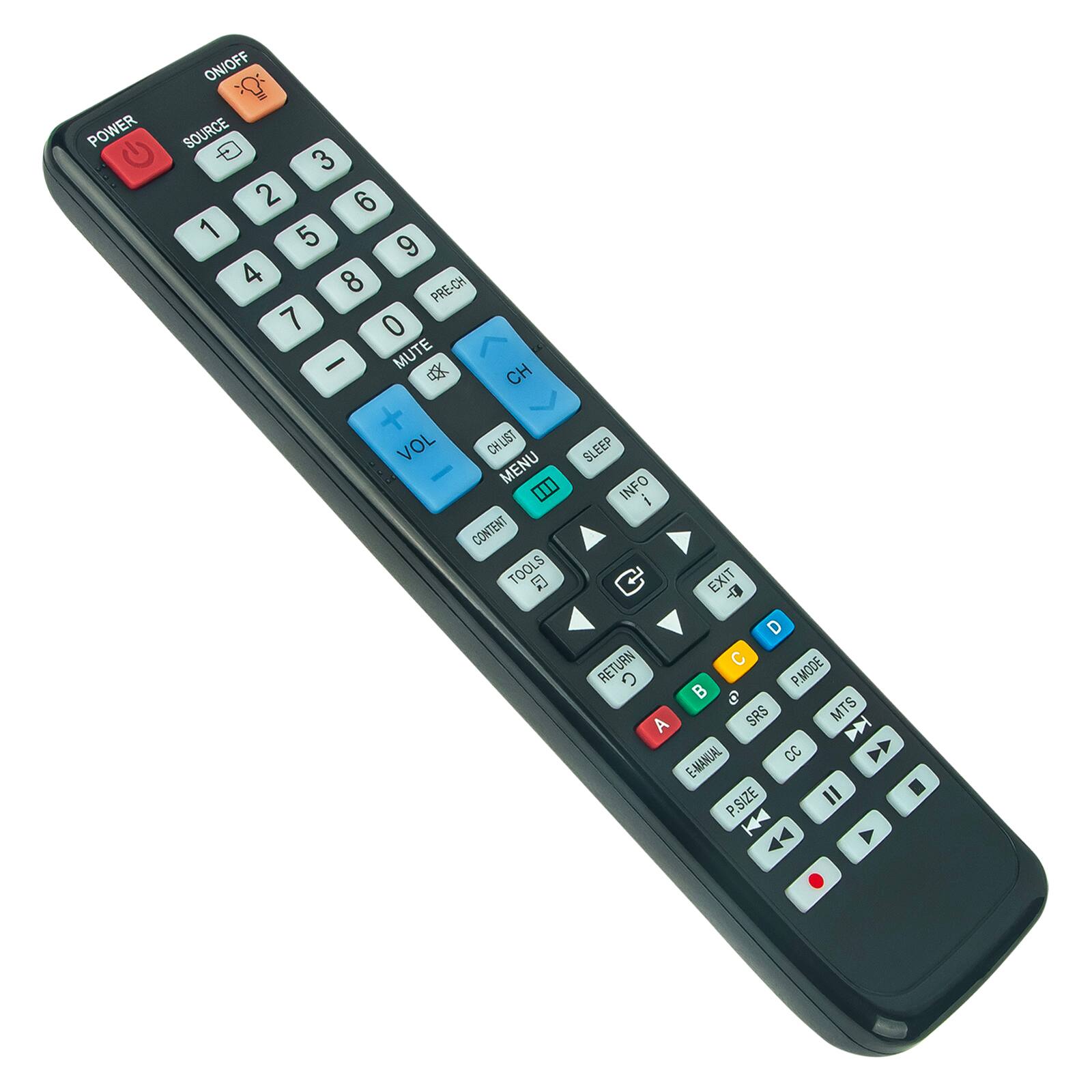 ON/OFF POWER SOURCE  
1 2 3 4 5 6 7 8 9 0  
PRE-CH  
MUTE  
CH + VOL  
CHLIST MENU  
CONTENT TOOLS  
SLEEP INFO  
EXIT RETURN  
P.MODE  
SRS MTS  
E-MANUAL  
CC P.SIZE