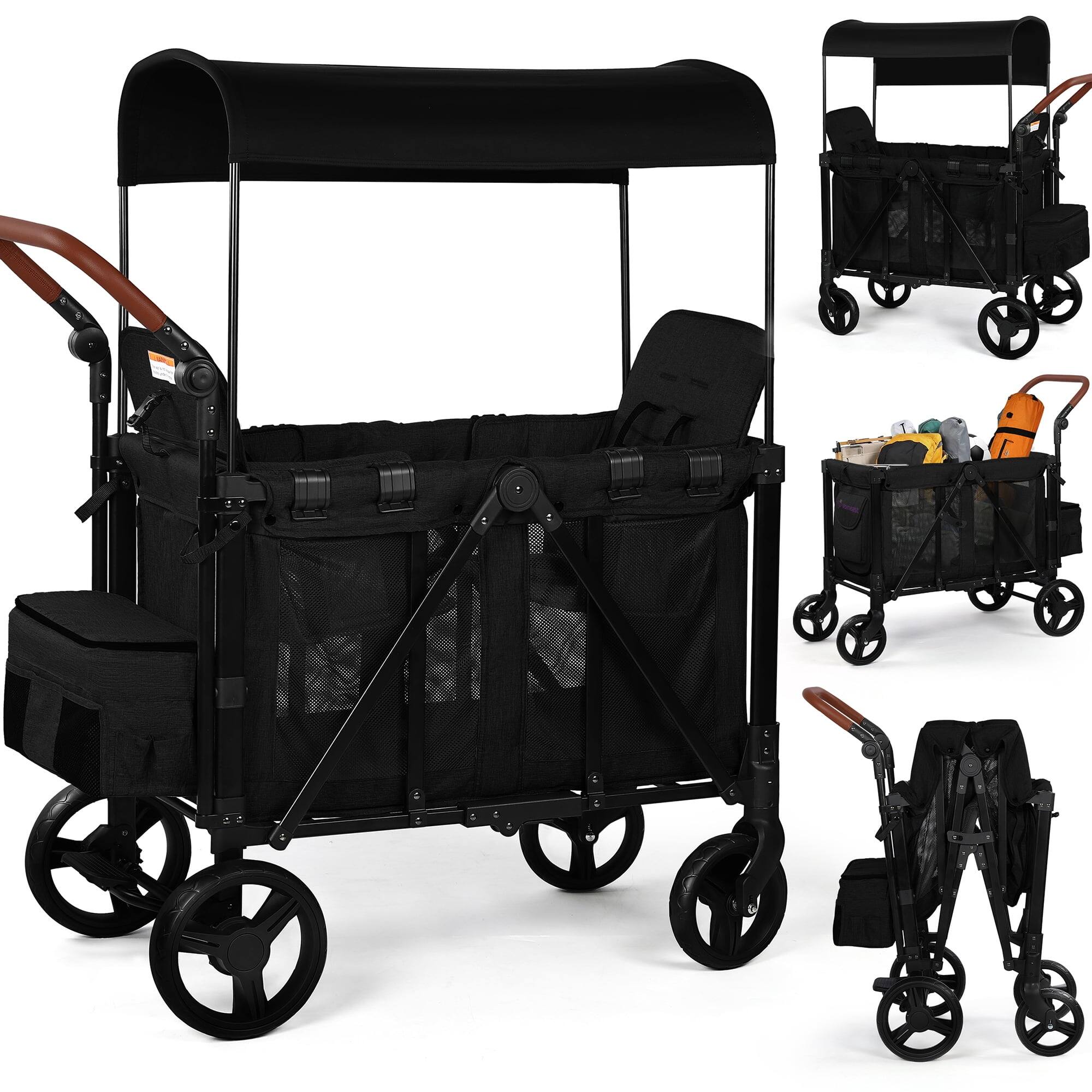 Front. Wisairt - Wagon Stroller for 2 Kids, 3-in-1 Foldable Stroller Wagon with Canopy, 5-Point Harness, All-Terrain Wheels - Black.