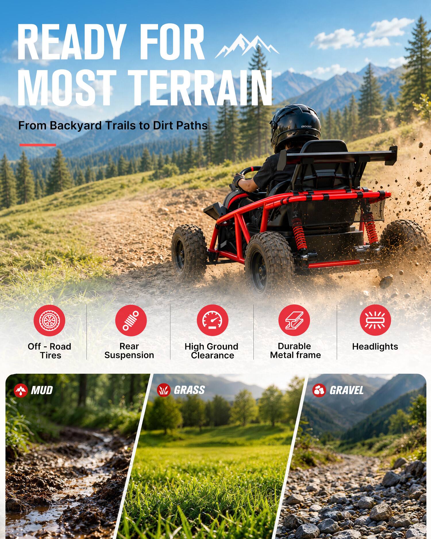 READY FOR MOST TERRAIN  
From Backyard Trails to Dirt Paths  

- Off-Road Tires  
- Rear Suspension  
- High Ground Clearance  
- Durable Metal Frame  
- Headlights  

MUD  
GRASS  
GRAVEL