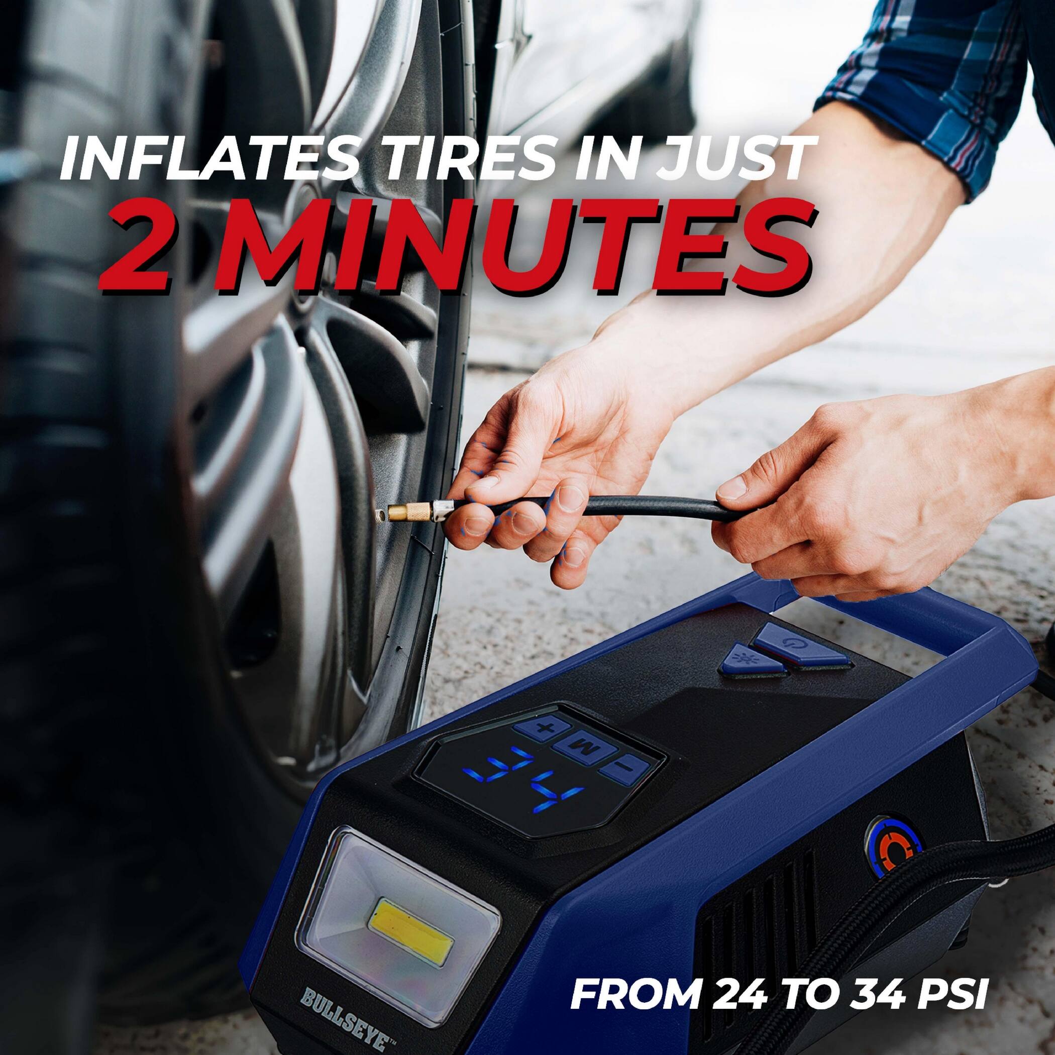 INFLATES TIRES IN JUST 2 MINUTES  
FROM 24 TO 34 PSI