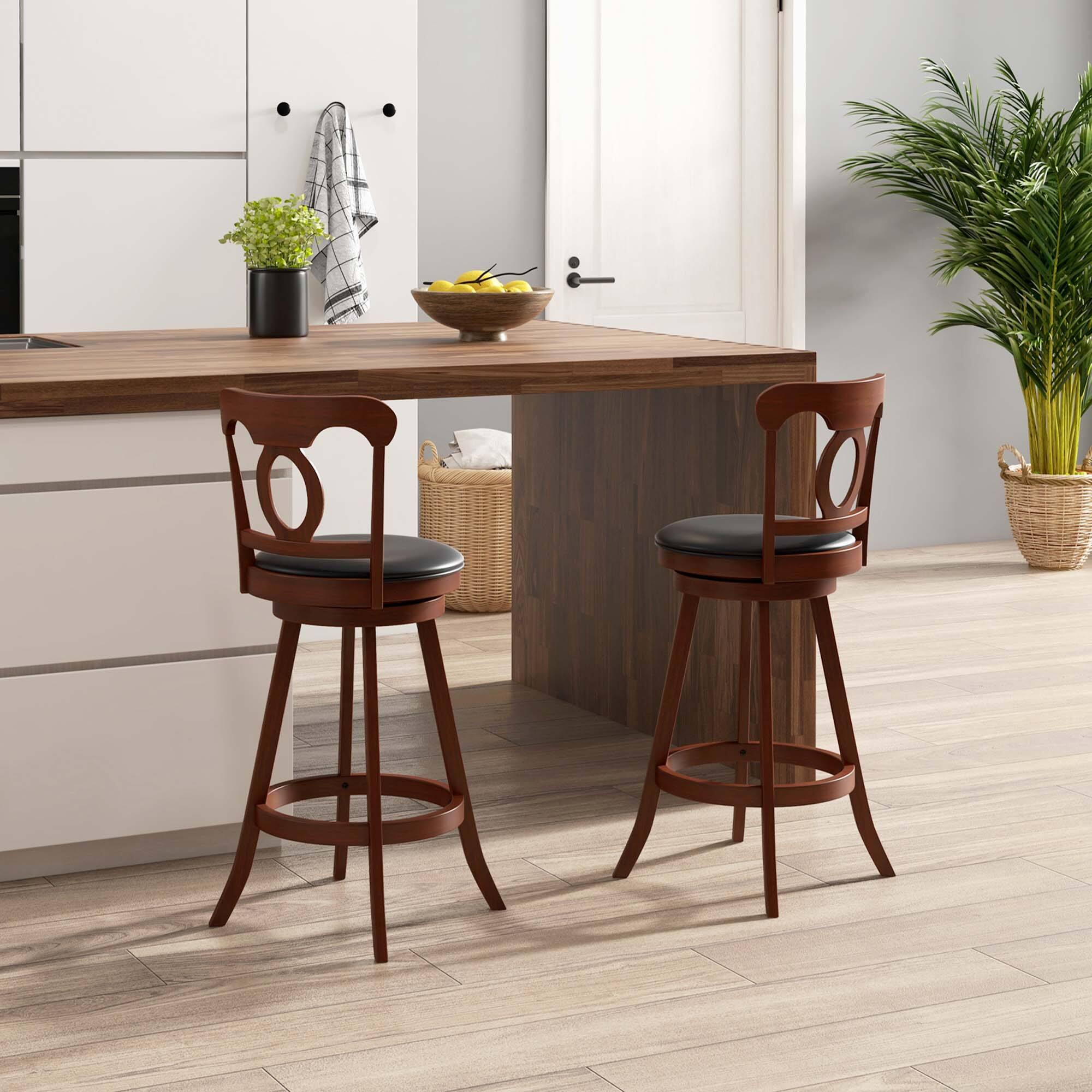 Angle. Costway - Set of 2 Wooden Bar Stools 30" Swivel Bar Height Chairs with Footrest for Kitchen Pub - Espresso + Black.