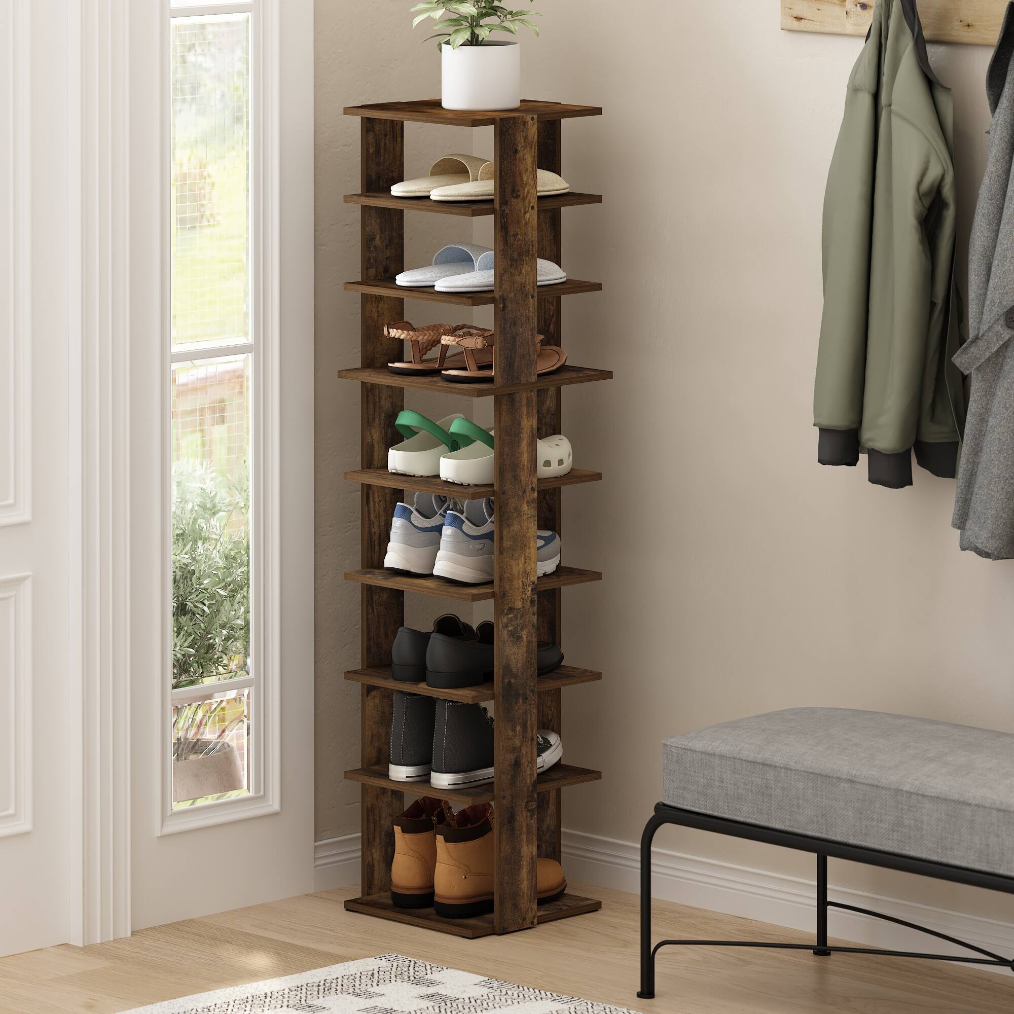 Alt View 5. Furinno - Compact 9-Tier Vertical Space Saving Free Standing Shoe Tower, Shoe Rack for Closet Entryway - Amber Pine.
