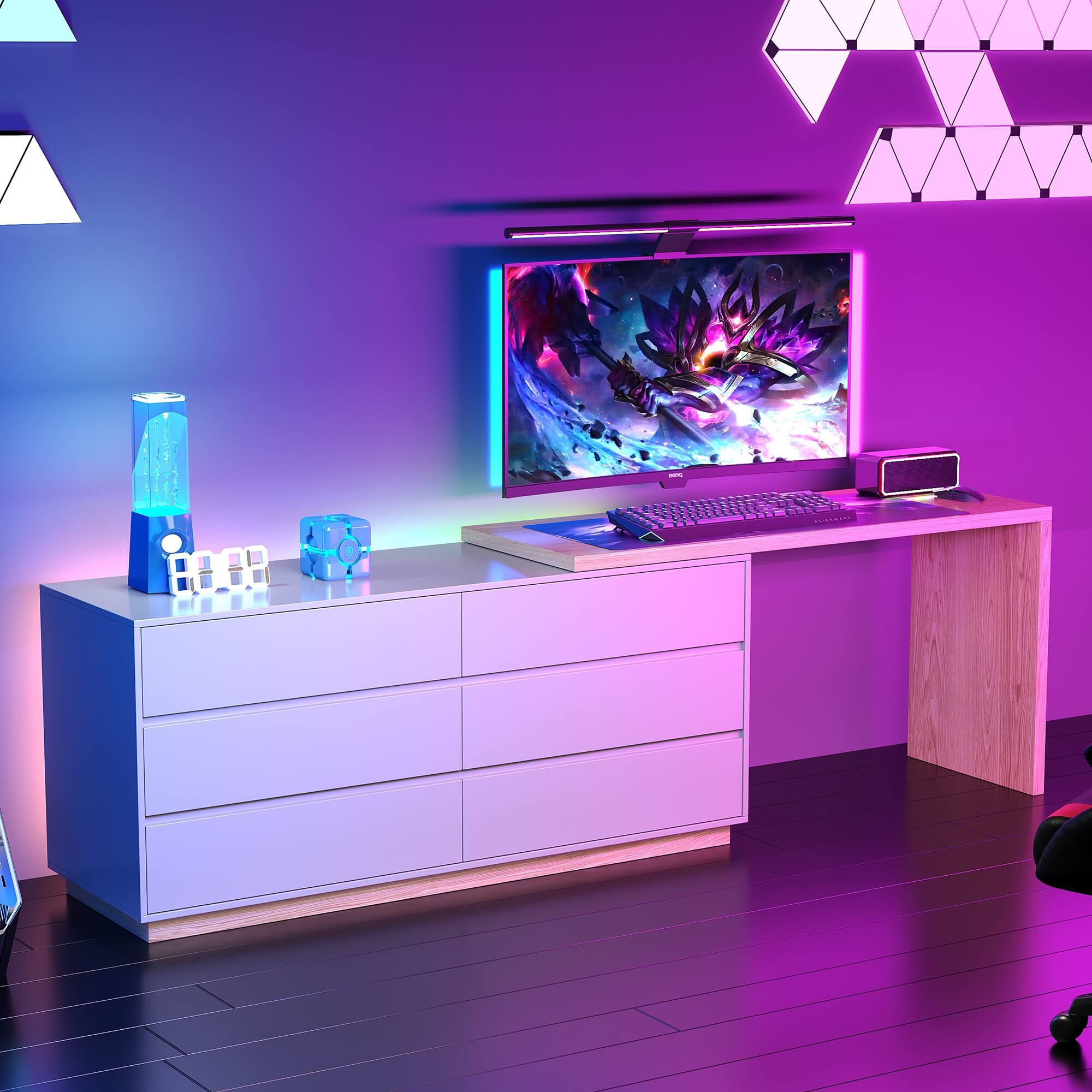 Front. luck idea - Retractable Desk, Dressing Table, Storage Cabinet - Natural wood color.