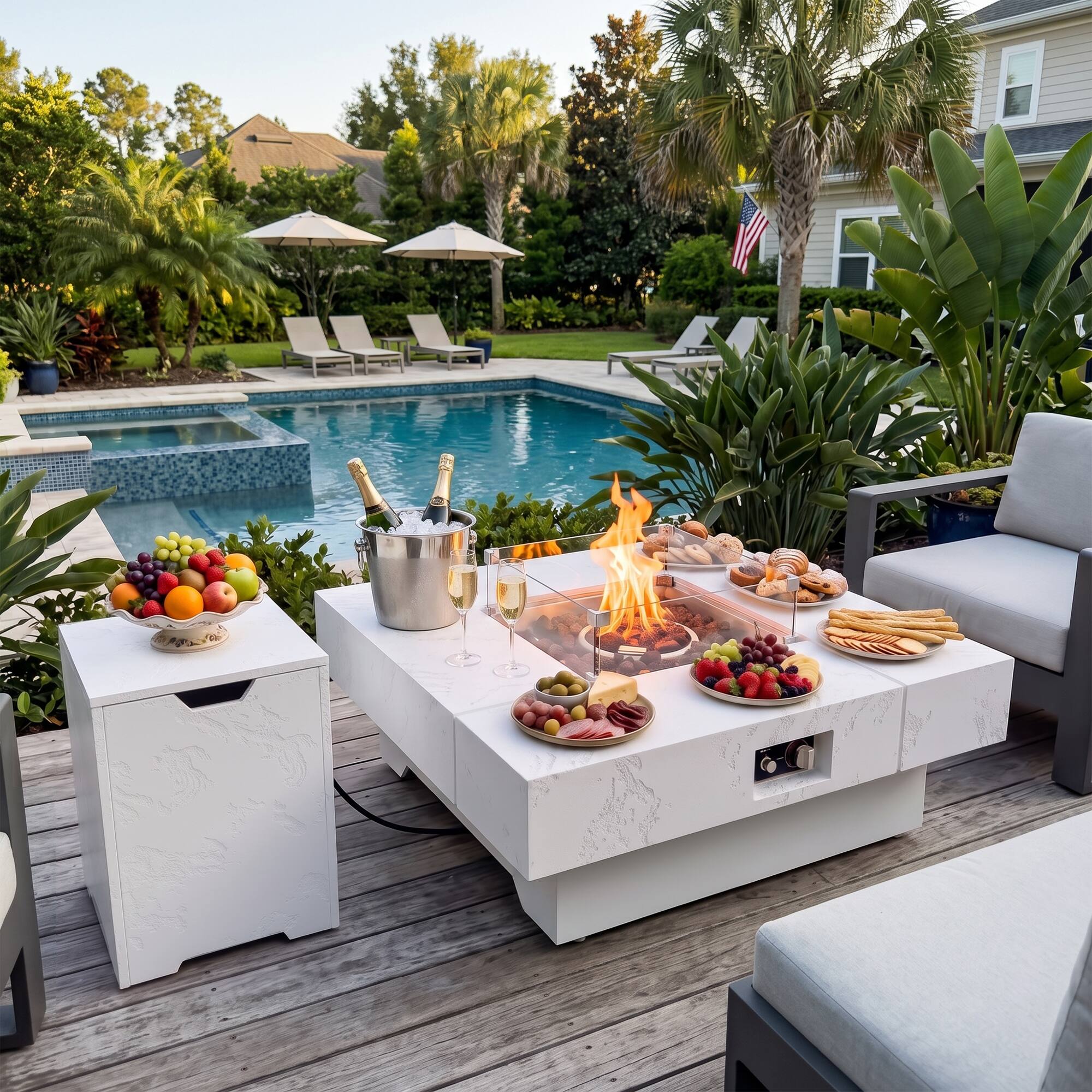 Angle. Famapy - 50,000 BTU Outdoor Propane Fire Pit Table with Wind Guard, Tank Hideaway, Cover and Lava Rocks - White.