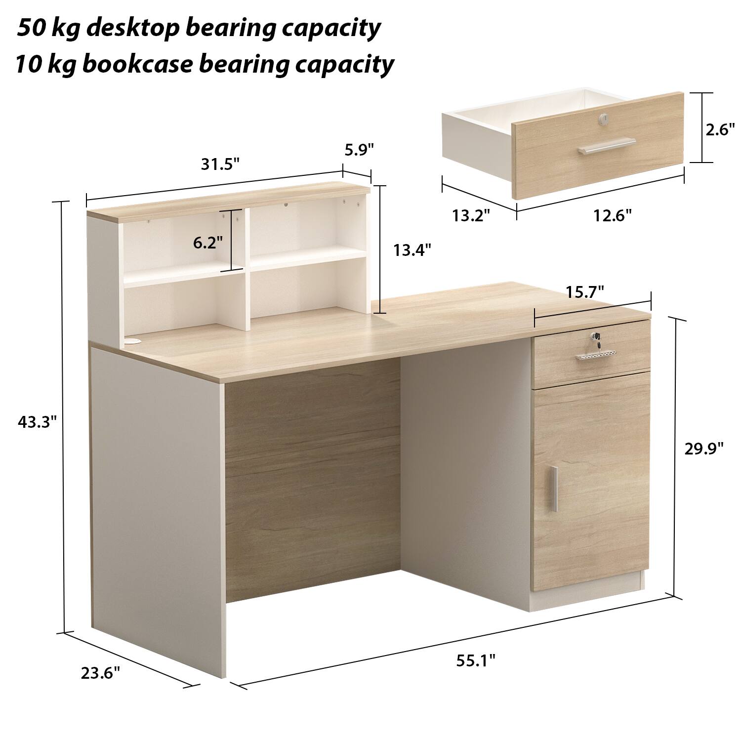 50 kg desktop bearing capacity
10 kg bookcase bearing capacity
31.5"
5.9"
2.6"
6.2"
13.2"
13.4"
12.6"
15.7"
43.3"
29.9"
23.6"
55.1"
