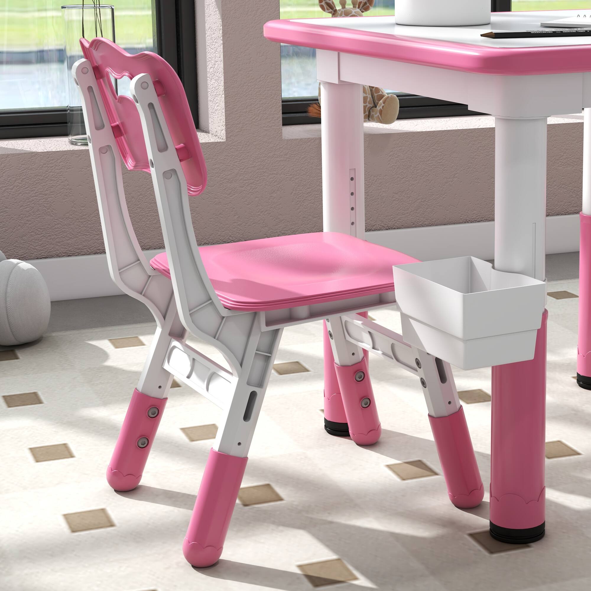 Alt View 5. Qaba - 3 Pieces Kids Table and Chairs, Height Adjustable Toddler Table and Chair Set with Storage, Easy to Wipe - Pink.