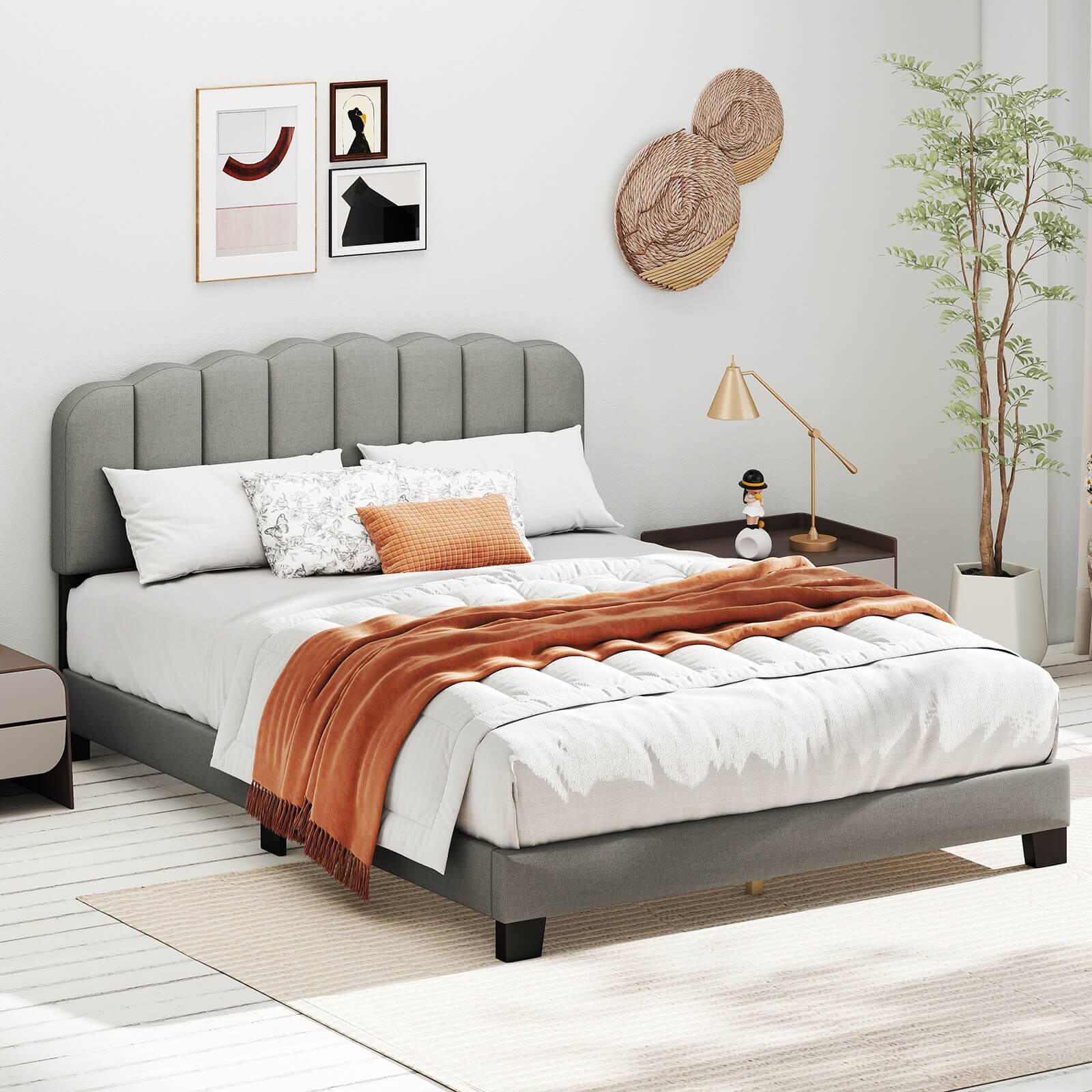 Alt View 3. Costway - Costway Queen Size Bed Frame Linen Upholstered Platform Bed with Wooden Slat Support - Gray.