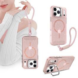 Dteck - Glitter Magnetic Case for Apple iPhone 17 Pro,Shockproof Rugged Hidden Lens Kickstand Phone Cover with Wrist Strap - Pink