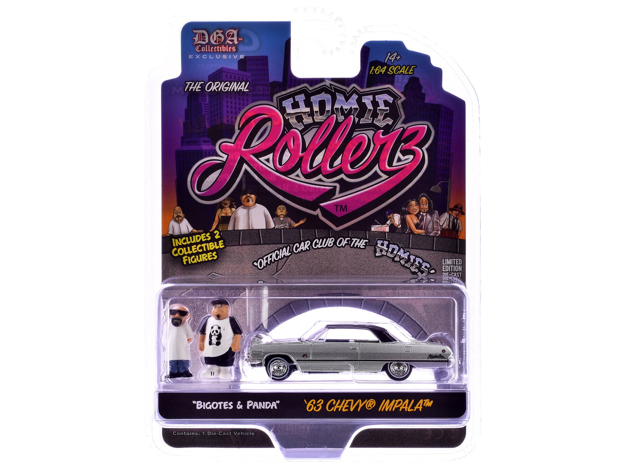 IUUD DGA Collectibles EXCLUSIVE 14+ 1:64 SCALE THE ORIGINAL HOMIE Rollerz™ INCLUDES 2 COLLECTIBLE FIGURES OFFICIAL CAR CLUB OF THE HOMIES LIMITED EDITION RE-CAST E "BIGOTES & PANDA" 63 CHEVY IMPALATM Contains: 1 Die-Cast Vehicle
