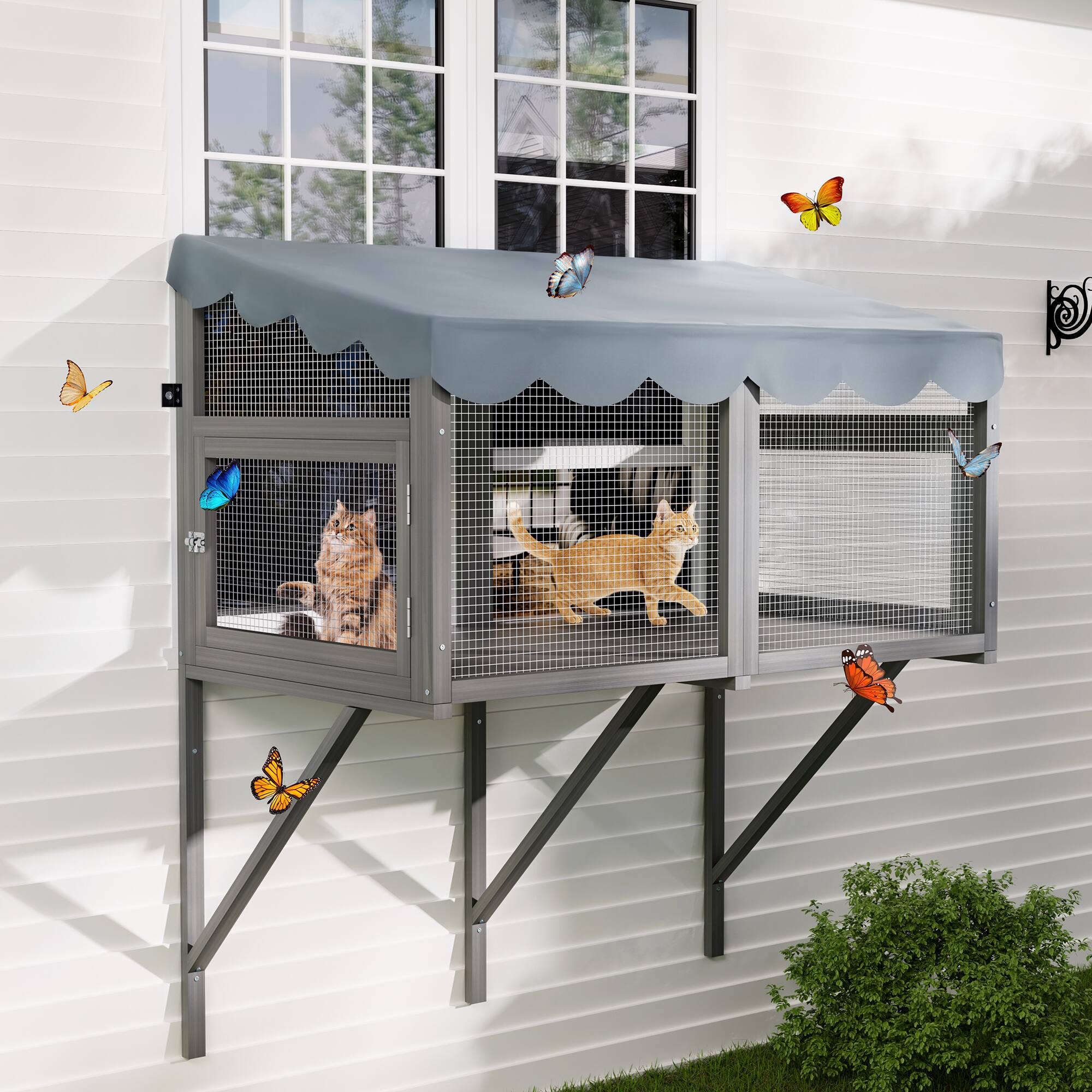 Left. Siljoy - Cat Window Catio, Expandable Wooden Enclosure with Wire Mesh, Waterproof Roof, for Indoor Cats.