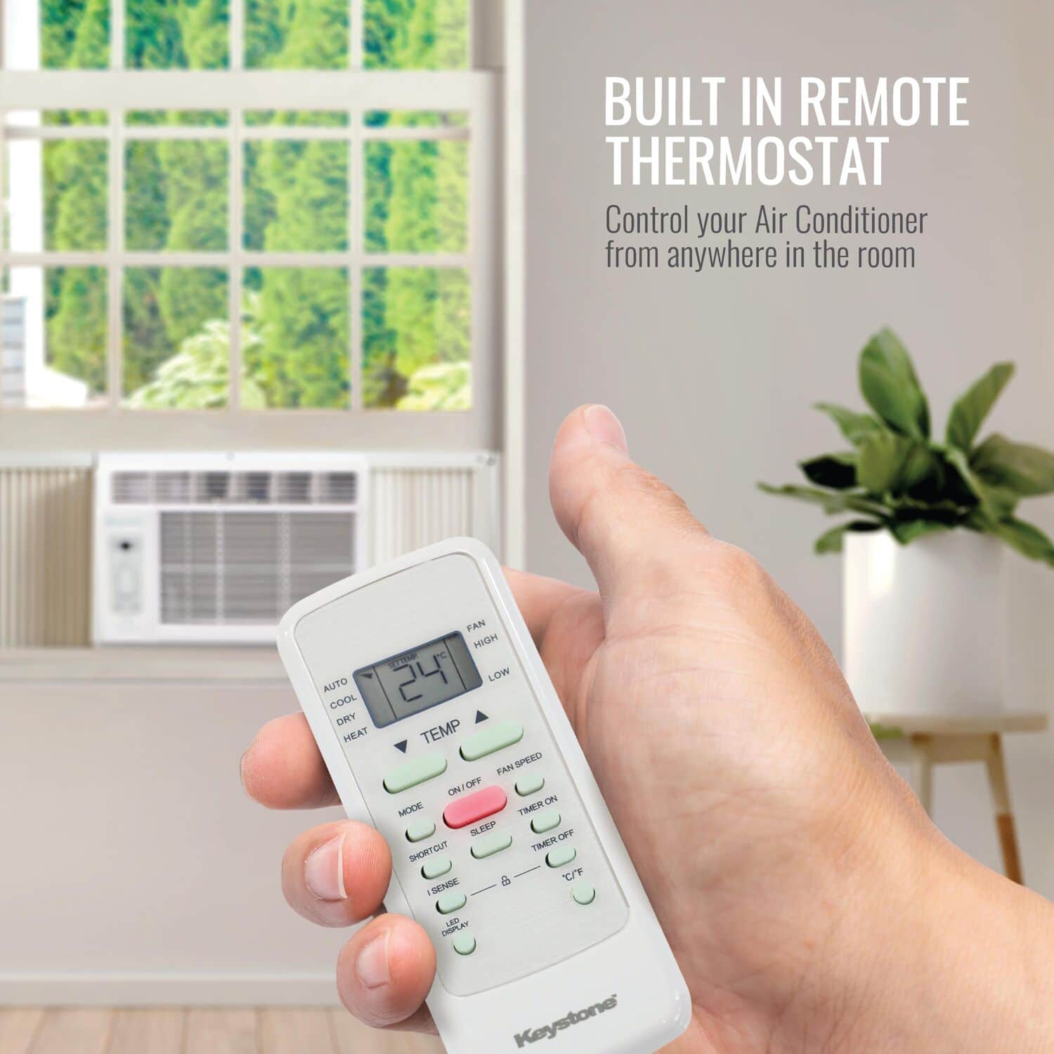 Built-in Remote Thermostat: Control your Air Conditioner from anywhere in the room. Fan and Heat options, Temperature settings, and Timer functions are all available with this device.