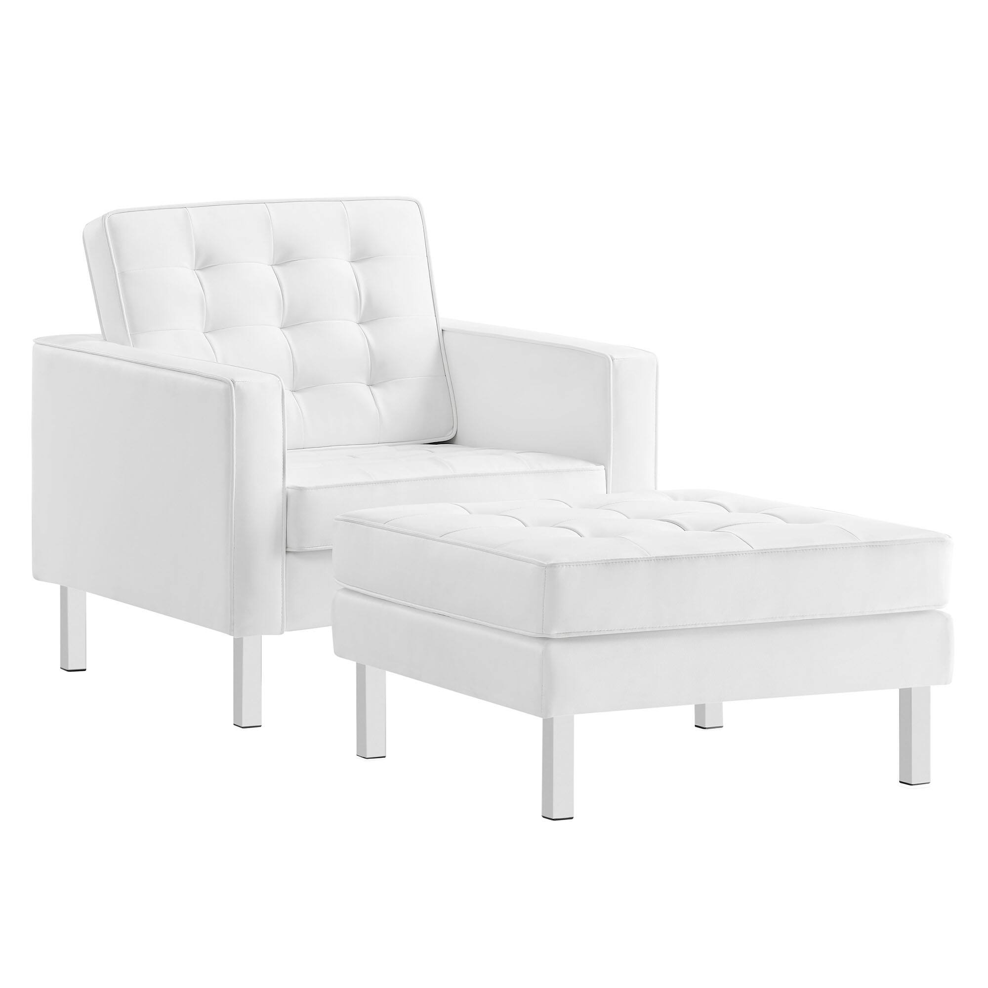 Front. Modway - Loft Tufted Vegan Leather Armchair and Ottoman Set by Modway - White.