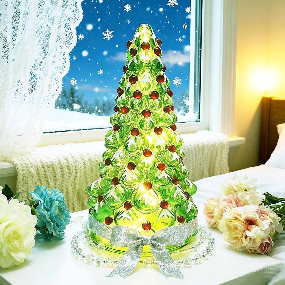 Left. RTMB - Hand-Painted Glass Christmas Tree with Timer, Lighted Tabletop Tree Lamp, Battery-Operated Holiday Decor, 8" - Green.