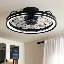 Siljoy - 20-in Modern Caged Ceiling Fan with LED Light Remote App Control 6 Speed Reversible DC Motor - Black