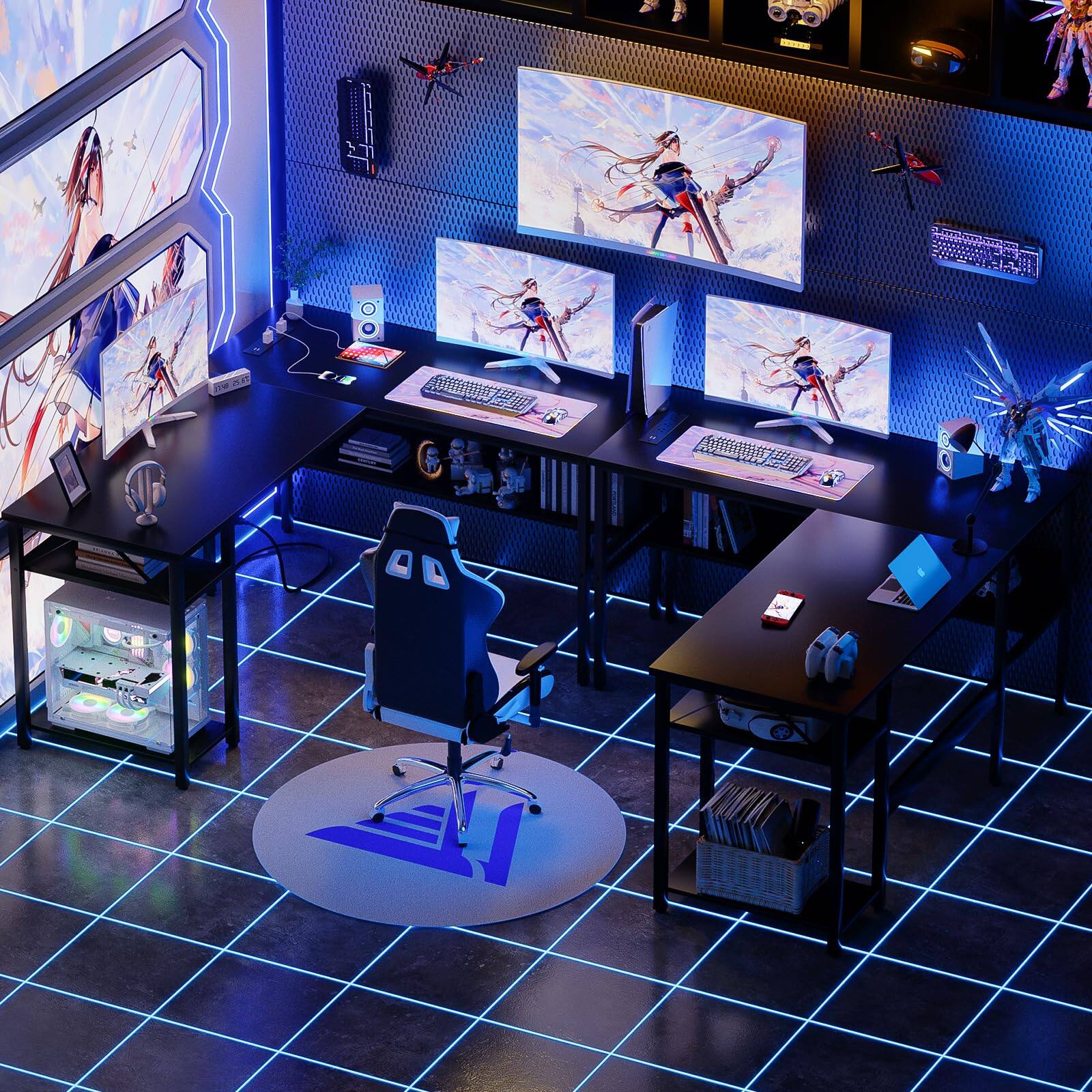 Left. Fabibe - Reversible L Shaped Desk With Magic Power Outlets And Usb Charging Ports Sturdy Corner Computer Storage Shelves Office D - Black Desk.