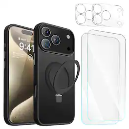 Entronix - 5-in-1 Bundle for iPhone 17 Pro Max - Translucent Matte Gripstand Case with Screen & Camera Protectors - Black
