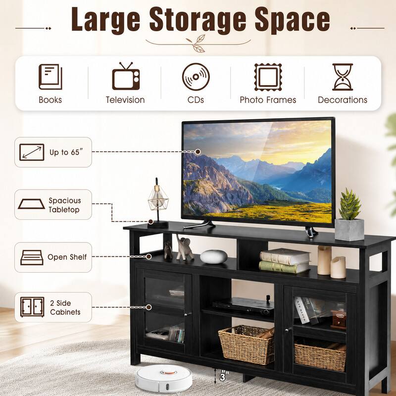 Large Storage Space

- Books
- Television
- CDs
- Photo Frames Decorations
- Up to 65"
- Spacious Tabletop
- Open Shelf
- 2 Side Cabinets
