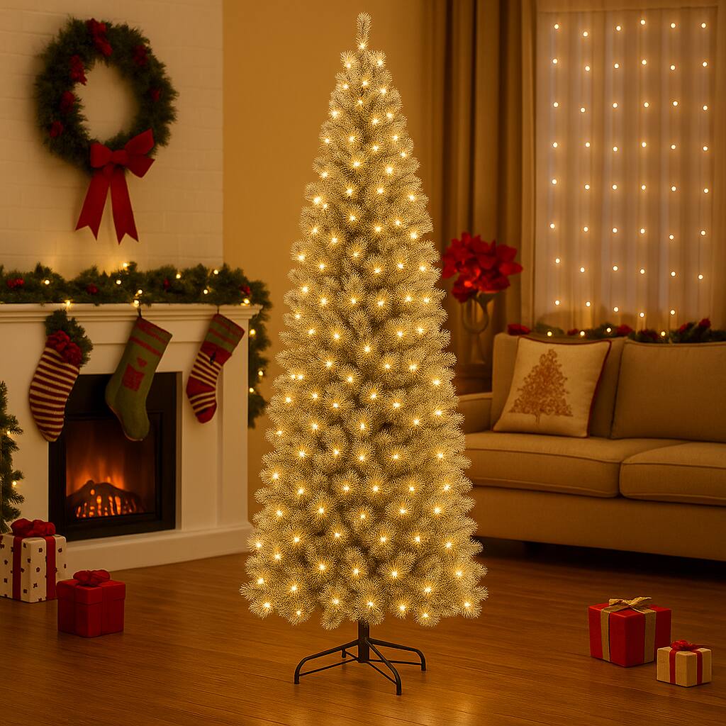 Angle. BreeBe - Prelit Slim Blue Tree with 9 Lighting Effects – Artificial Christmas Tree - Blue.