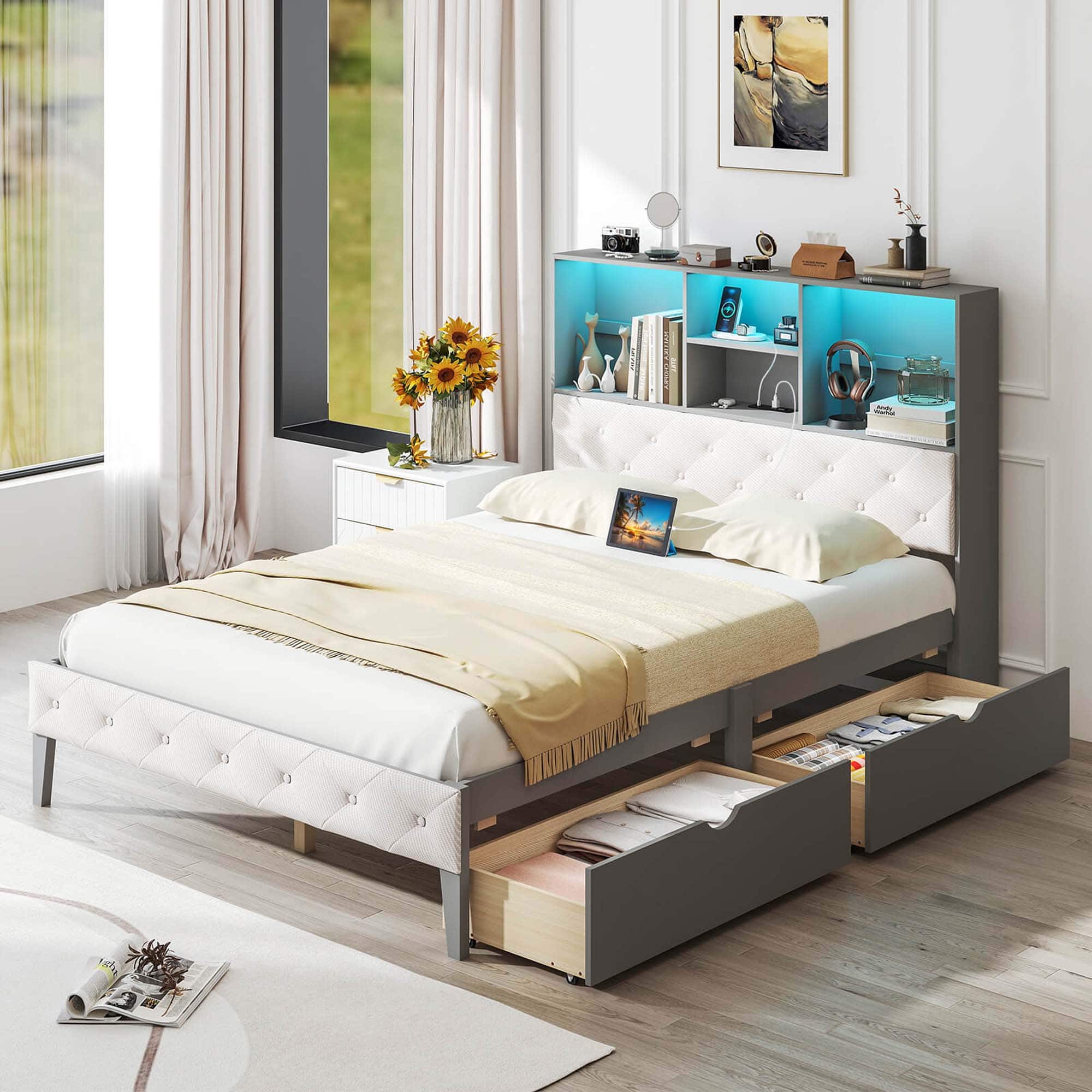 Alt View 2. Costway - Full Size Bed Frame with Bookcase Headboard Storage Bed with LED Lights - Gray.