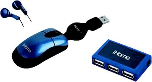 Angle Standard. iHome - Optical Mouse, 4-Port USB 2.0 Hub and Earbud Headphones - Blue.