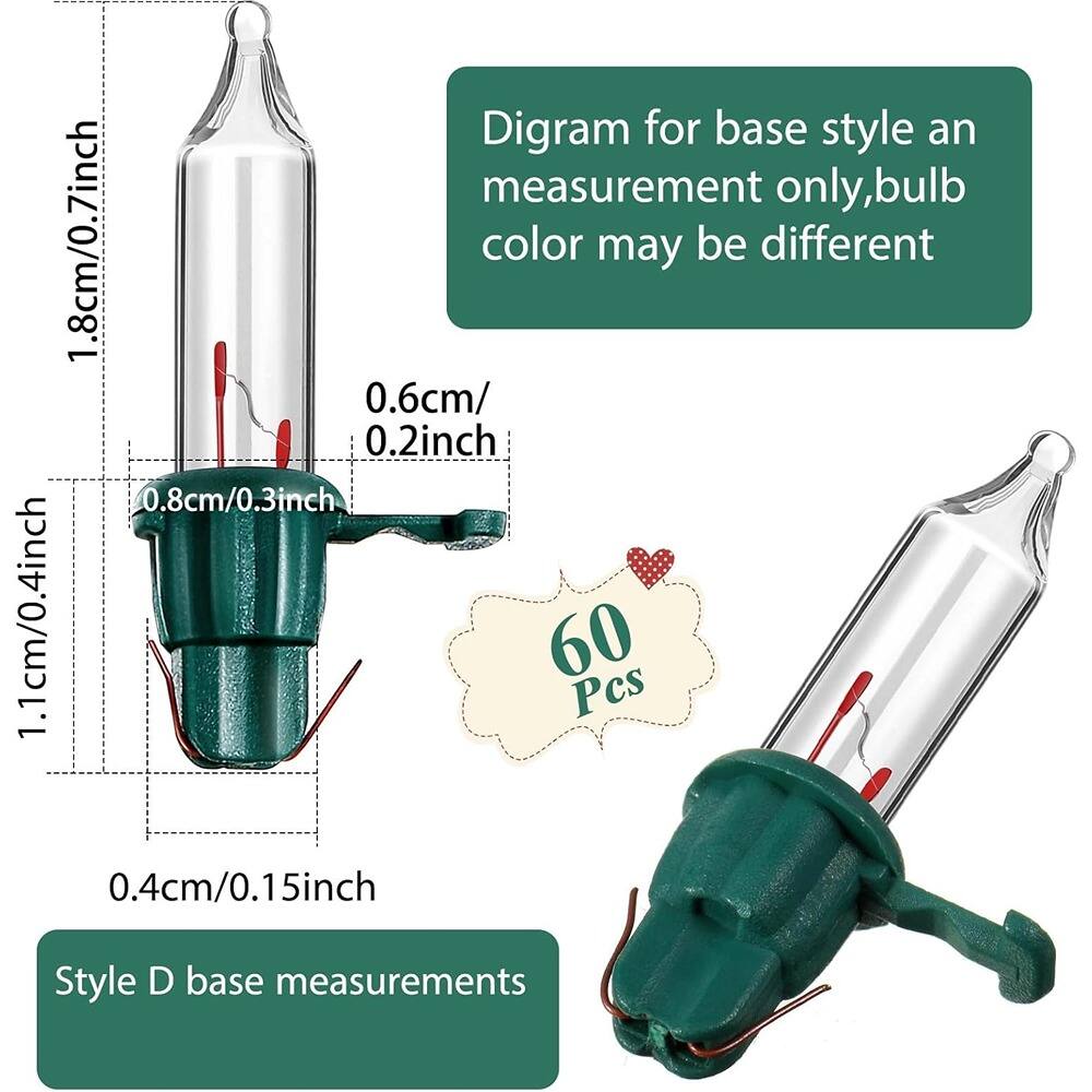 Diagram for base style and measurement only, bulb color may be different

Style D base measurements
- 1.8cm/0.7inch
- 0.6cm/0.2inch
- 0.8cm/0.3inch
- 1.1cm/0.4inch
- 0.4cm/0.15inch

60 Pcs