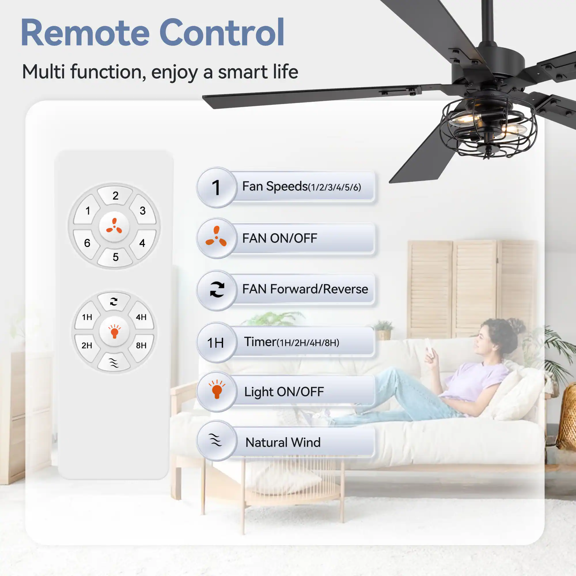 Remote Control
Multi function, enjoy a smart life
1 2 3 1 Fan Speeds(1/2/3/4/5/6)
6 5 4 FAN ON/OFF
FAN Forward/Reverse
1H 4H 2H 8H 1H Timer(1H/2H/4H/8H)
Light ON/OFF
Natural Wind