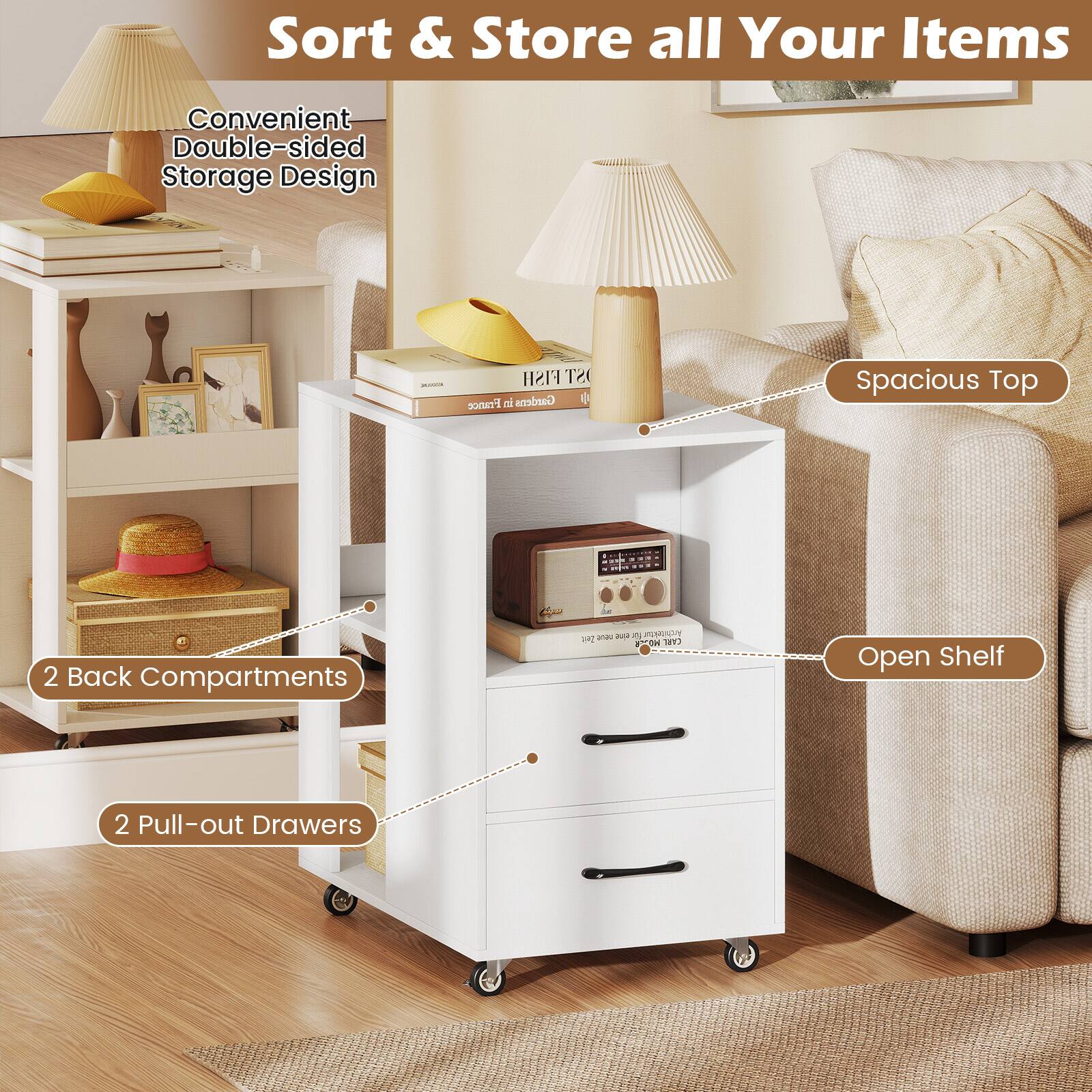 Sort & Store all Your Items

Convenient Double-sided Storage Design

Spacious Top

2 Back Compartments

2 Pull-out Drawers

Open Shelf