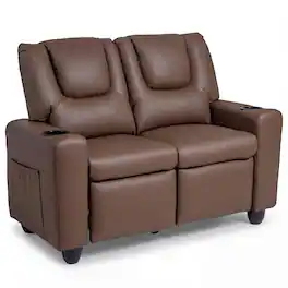 Costway - 2-Seater Kids Recliner with Cup Holders Side Storage Pockets Adjustable Backrest - Brown