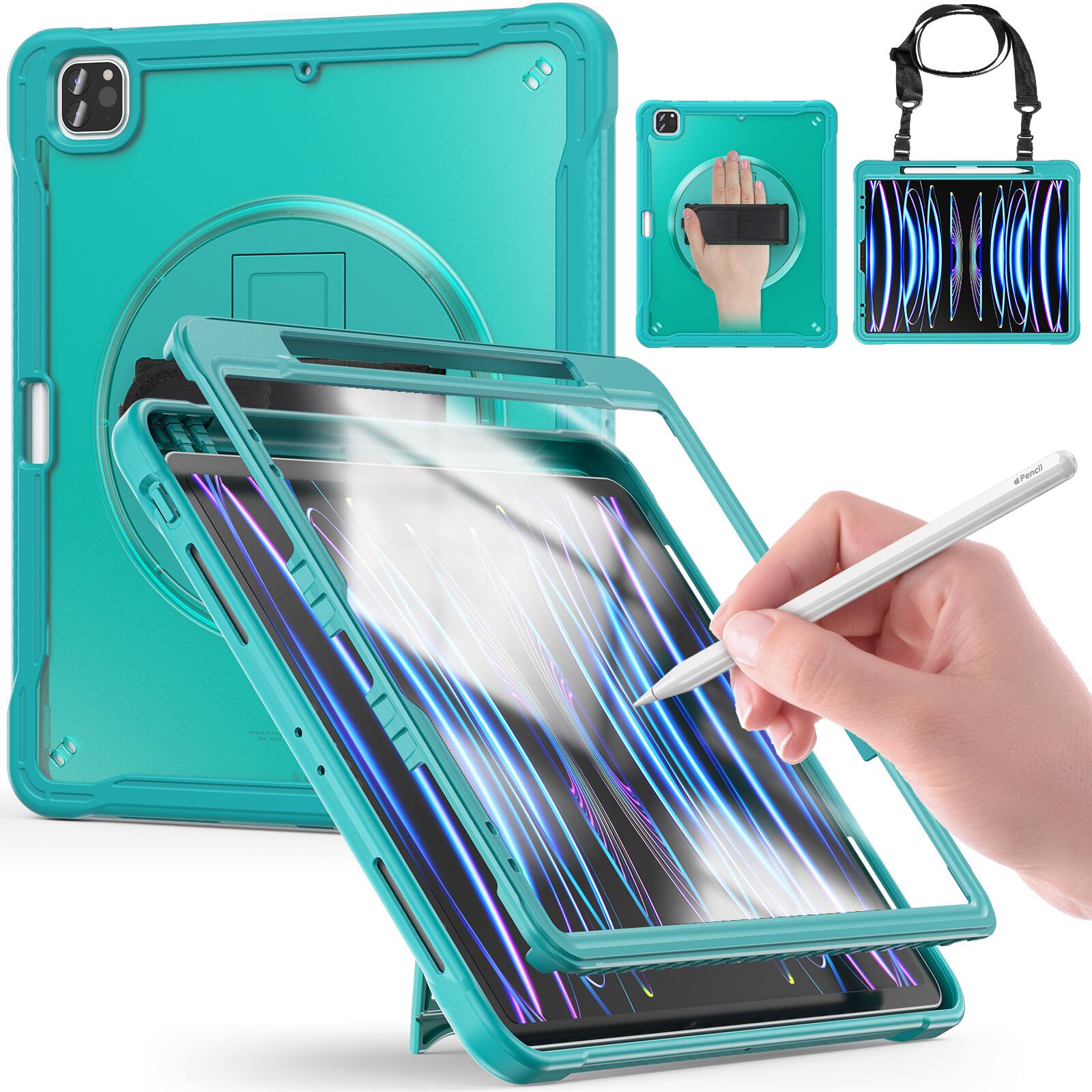 Alt View 10. Dteck - Rugged Case for Apple iPad Pro 12.9" Built-in Screen Protector, Shockproof Stand Cover with Shoulder Strap Handle Grip - Blue.
