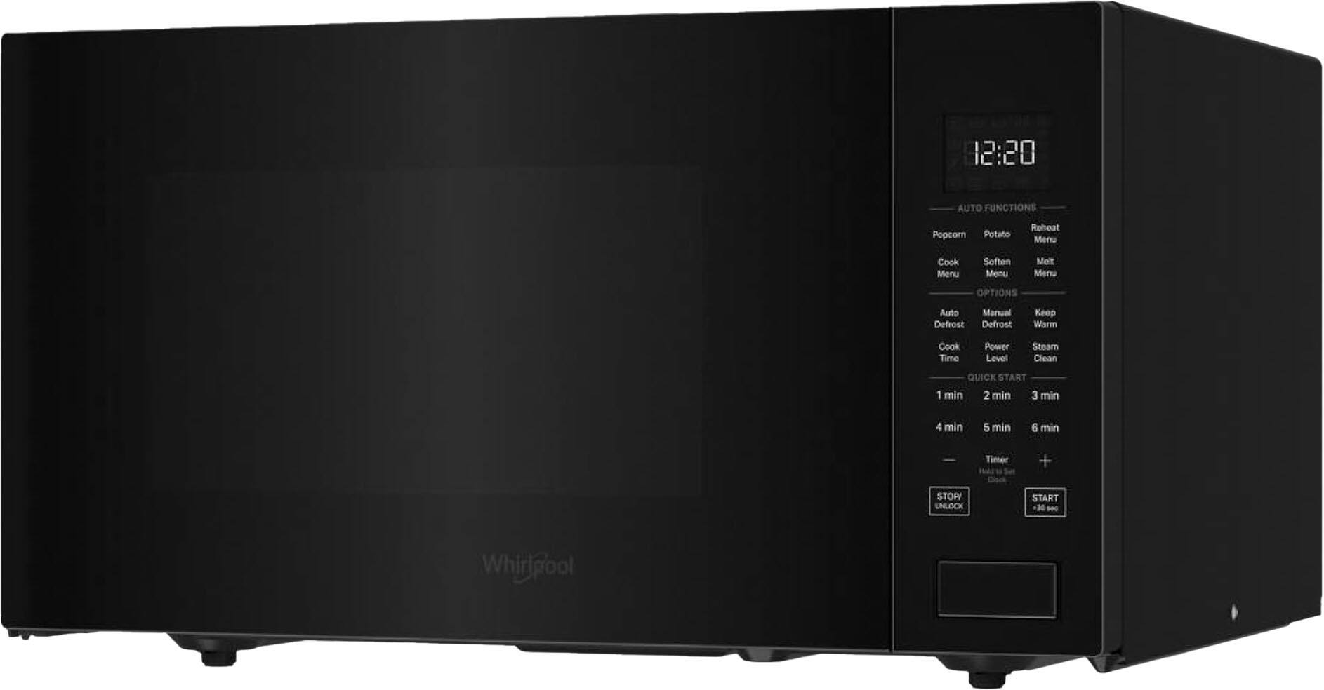 The text on the image reads: "12:20 Auto Functions Popcorn Potato Reheat Menu Cook Menu Soften Menu Melt Menu OPTIONS Auto Manual Defrost Defrost Keep Warm Cook Time Power Level Steam Clean QUICK START 1 min 2 min 3 min 4 min 5 min 6 min Timer + STOP UNLOCK START -30 sec Whirlpool."
