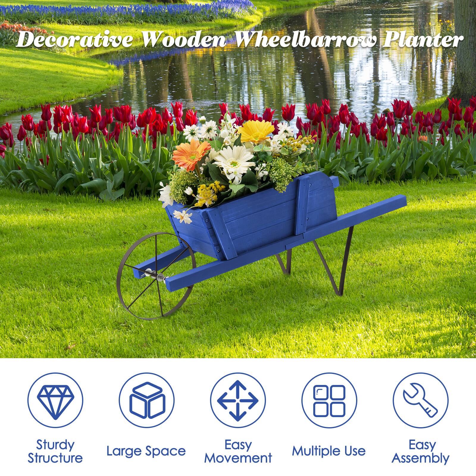 Decorative Wooden Wheelbarrow Planter: Sturdy, Easy Multiple Use, Structure, Large Space, Movement, Easy Assembly.
