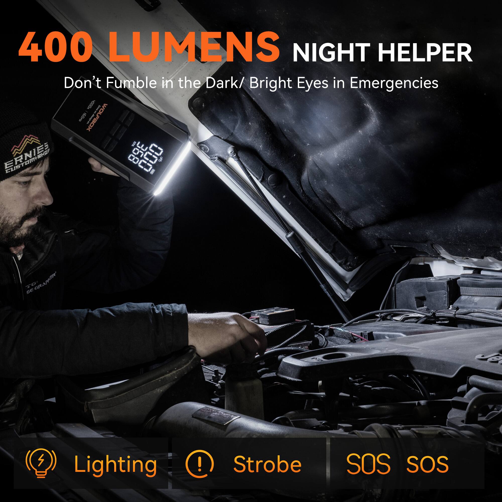 400 LUMENS NIGHT HELPER  
Don't Fumble in the Dark/ Bright Eyes in Emergencies  

Lighting  
Strobe  
SOS SOS