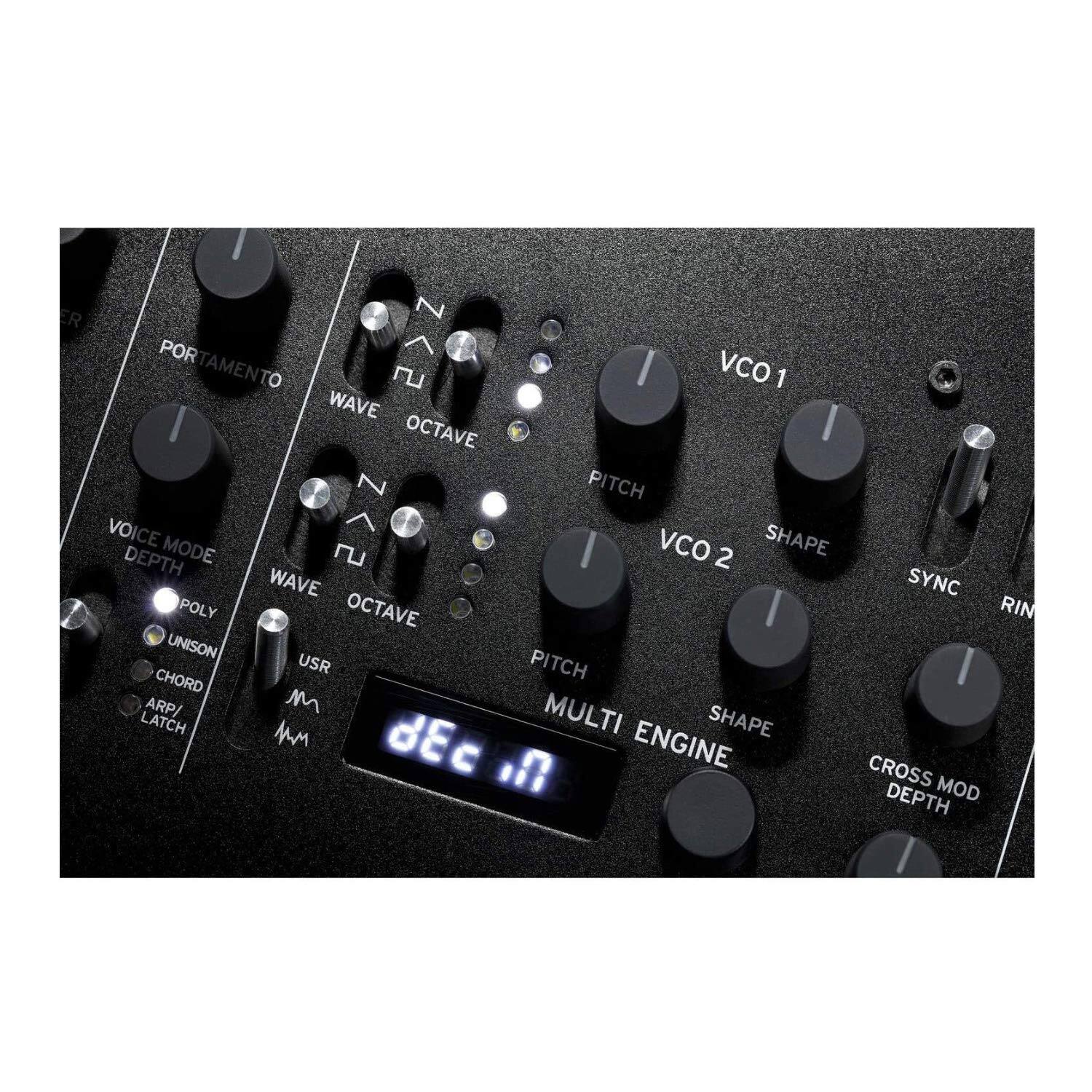 PORTAMENTO  
WAVE  
OCTAVE  
PITCH  
VOICE MODE  
POLY  
UNISON  
CHORD  
ARP/ LATCH  

VCO 1  
SHAPE  
WAVE  
OCTAVE  
PITCH  
SHAPE  

VCO 2  
SHAPE  
PITCH  
SHAPE  

MULTI ENGINE  

CROSS MOD  
DEPTH  

SYNC  
RIN  

dEc . m