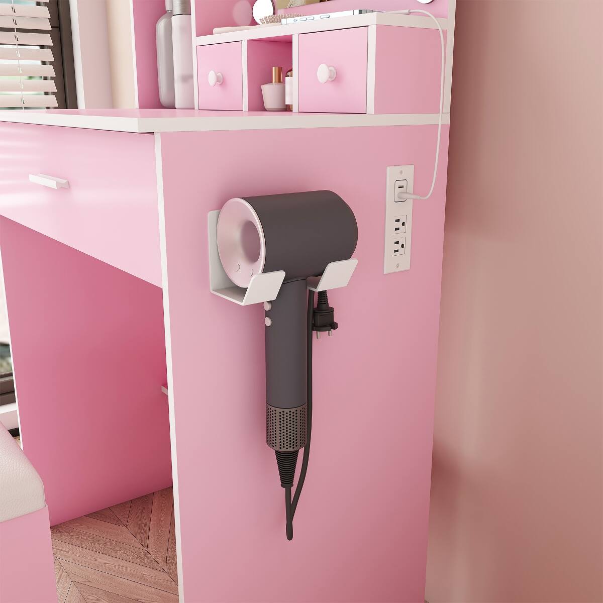 Alt View 10. Loheer - Loheer Makeup Vanity with Adjustable LED Lights, Mirror and Stool for Small Bedrooms, Pink - Pink.