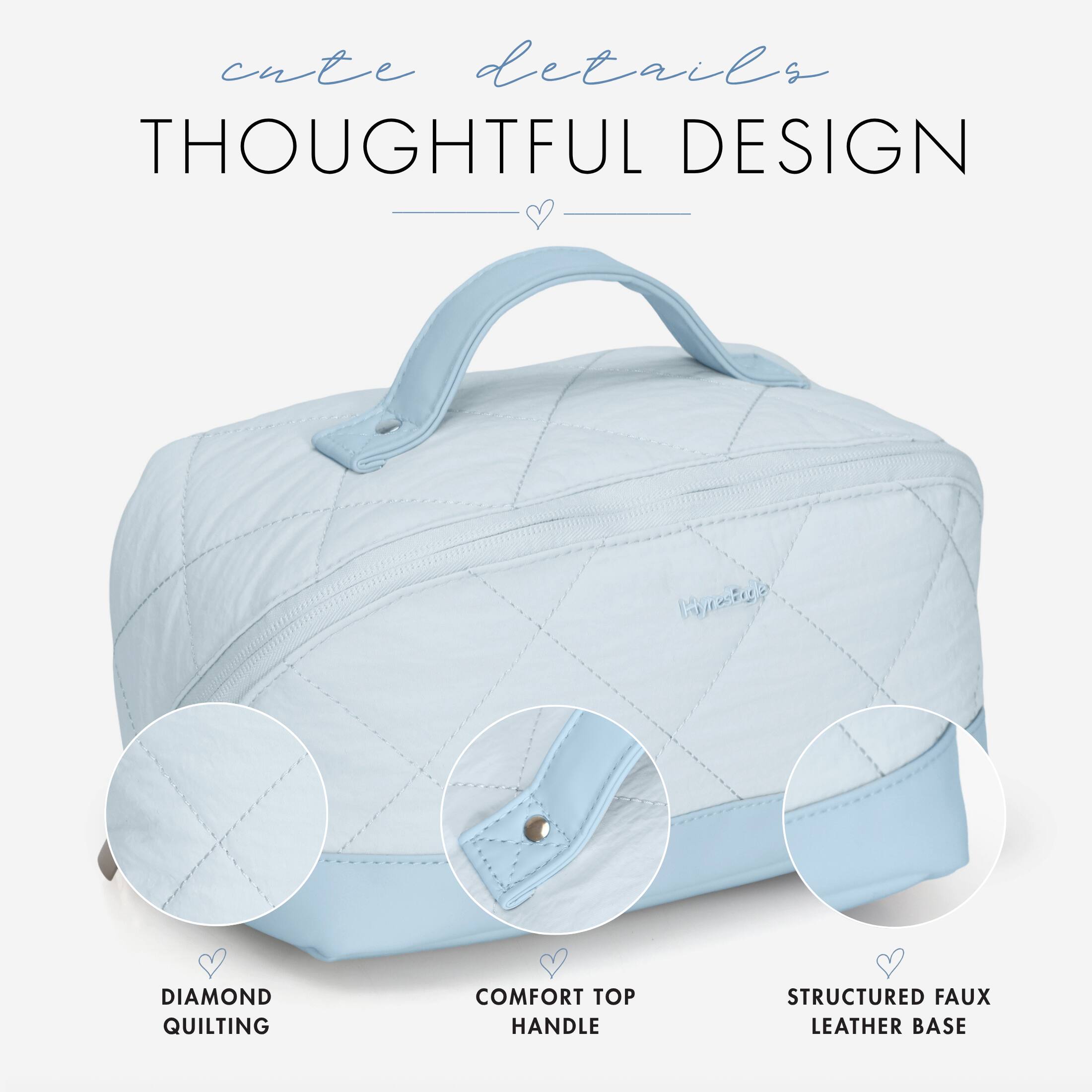 cute details  
THOUGHTFUL DESIGN

Hyreide  
DIAMOND QUILTING  
COMFORT TOP HANDLE  
STRUCTURED FAUX LEATHER BASE